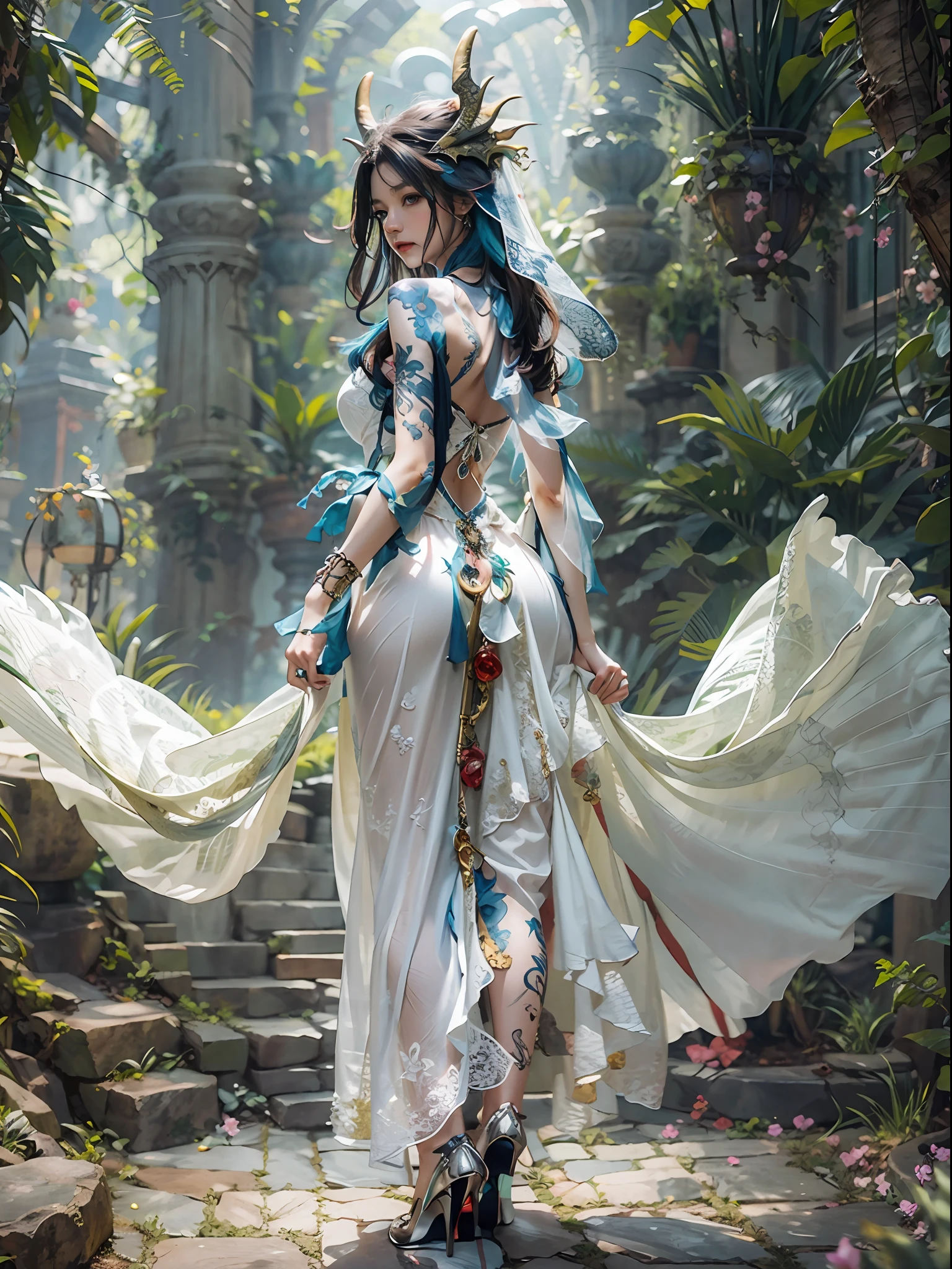 dragon_real, (extremely detailed CG 8k wallpaper, masterpiece, best quality, ultra detailed, beautiful detailed eyes: 1.2), best lighting, (best shadow, extremely delicate and beautiful bloom), the girl was surrounded by dragons, ( 1girl: 1.4), breasts, solo, full body, back tattoo, white dress, (dragon color: 1.4), bare leg, long dress,