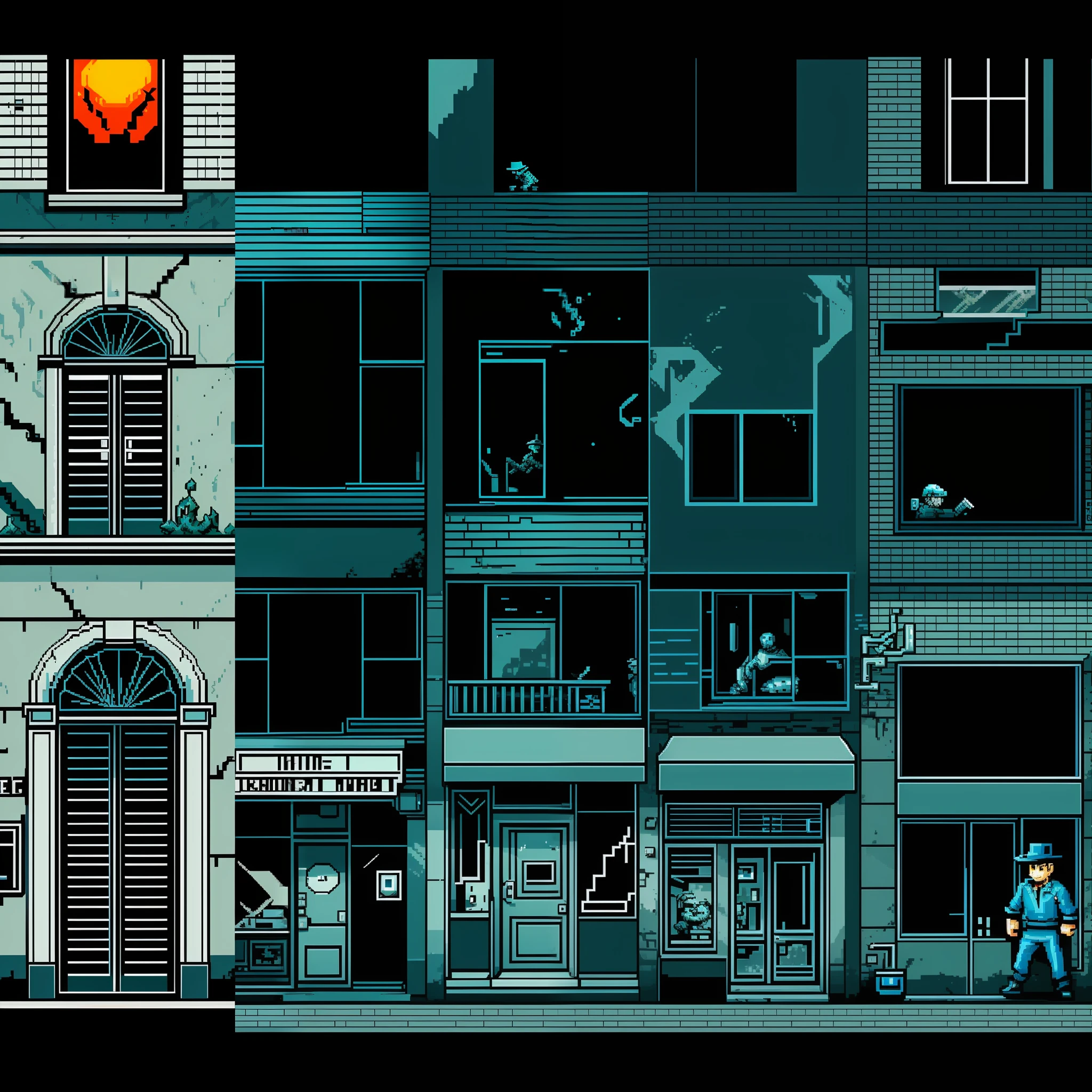 Pixel art in the noir style of old console games of the early 2000s