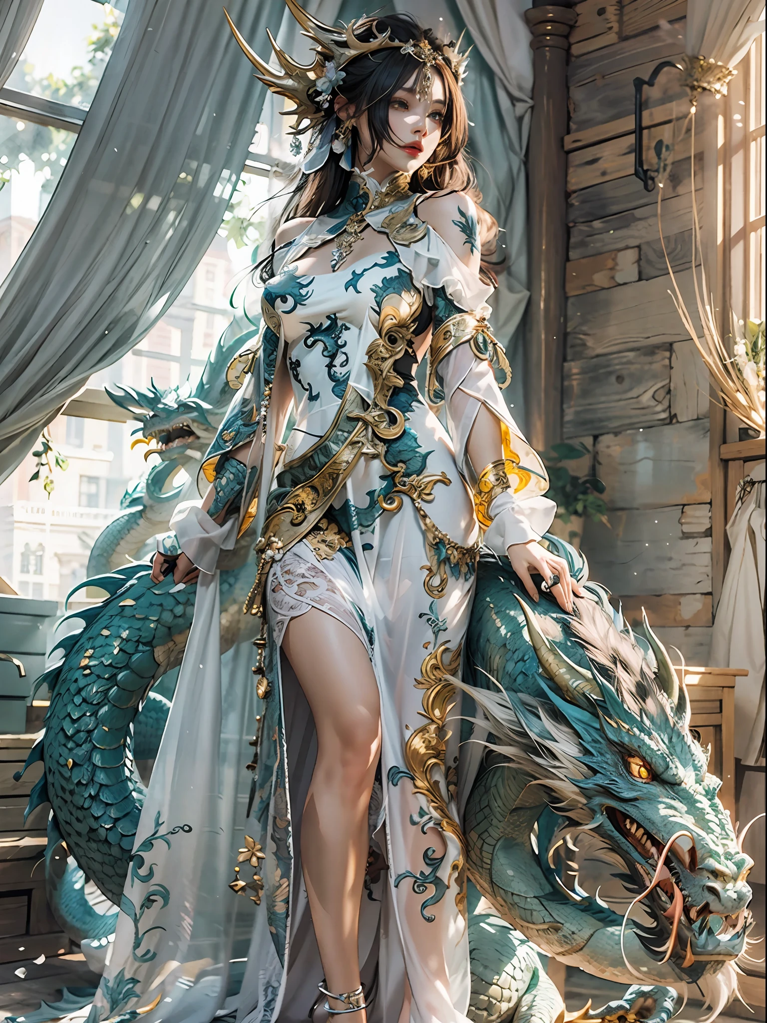 dragon_real, (extremely detailed CG 8k wallpaper, masterpiece, best quality, ultra detailed, beautiful detailed eyes: 1.2), best lighting, (best shadow, extremely delicate and beautiful bloom), the girl was surrounded by dragons, ( 1girl: 1.4), breasts, solo, full body, back tattoo, white dress, (dragon color: 1.4), bare leg, long dress,