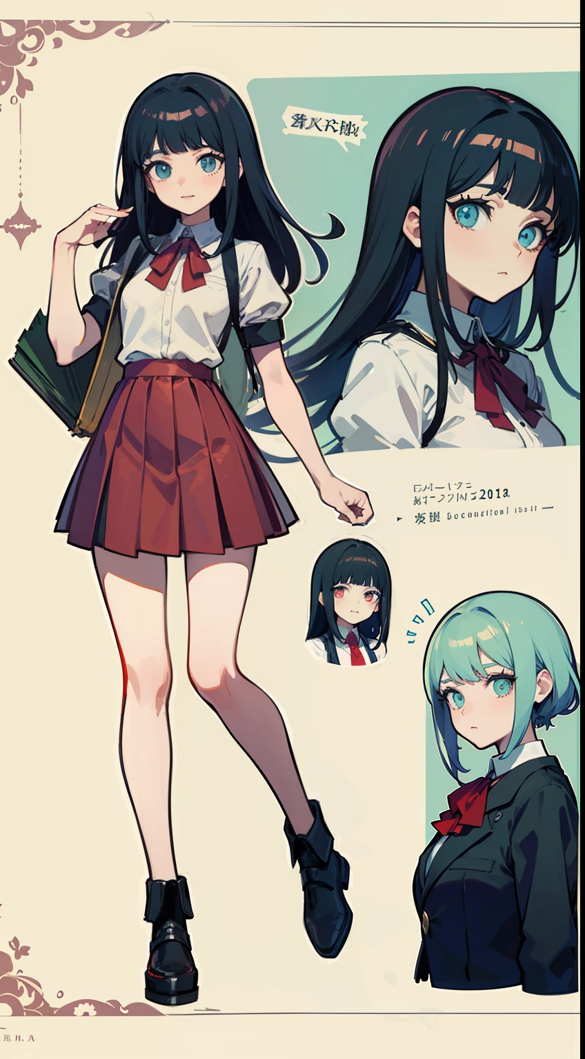 An anime character in business clothes stands in the middle of the picture, Raise your left hand to hold a book,concept art by Kamisaka Sekka, Pisif, Sots Art, ace attorney style, rimuru and milim, puce and vermillion, offcial art, vermillion and cyan, digital art from danganronpa, Medium shots of the character, clean backdrop,official character art