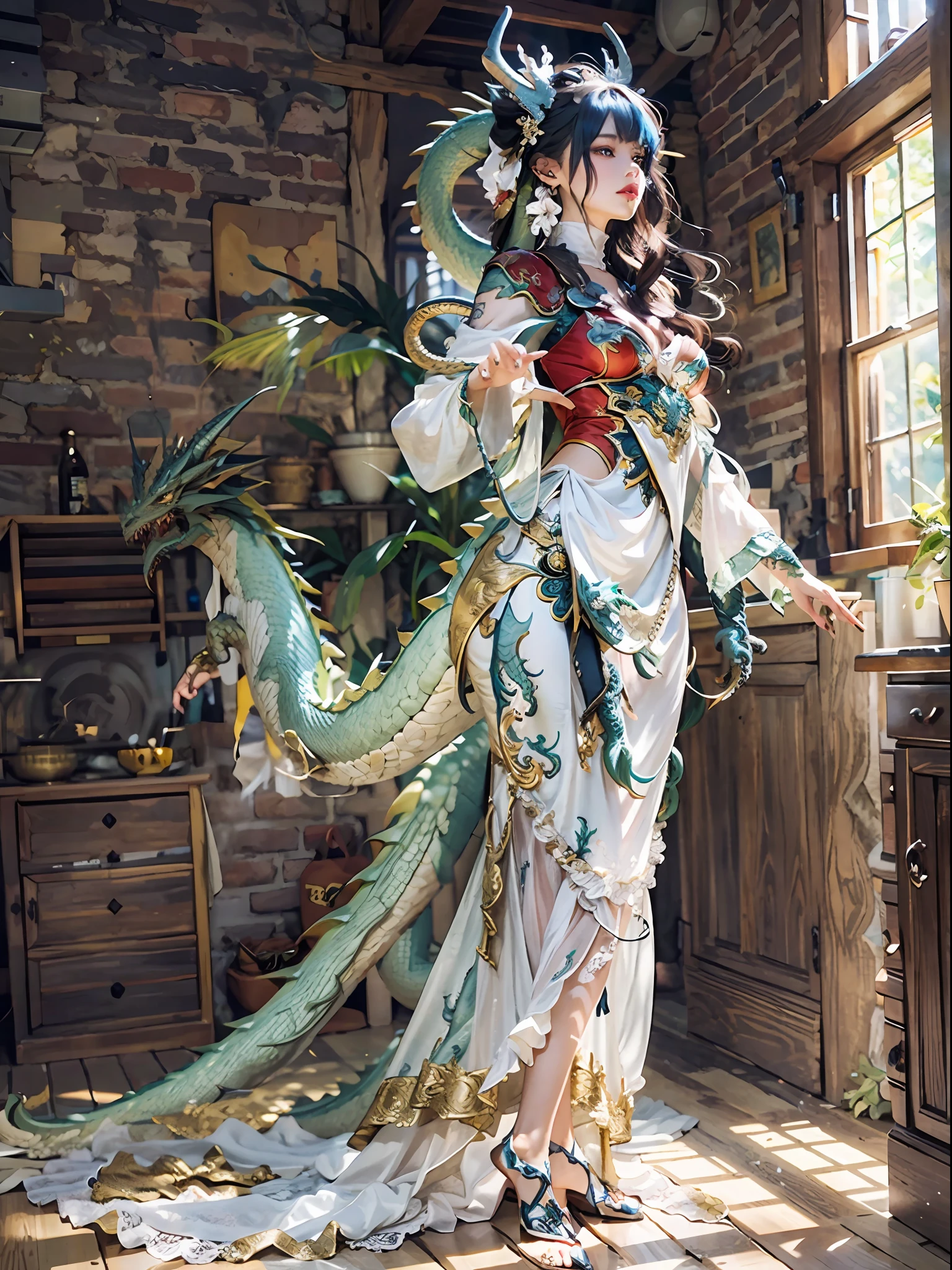 dragon_real, (extremely detailed CG 8k wallpaper, masterpiece, best quality, ultra detailed, beautiful detailed eyes: 1.2), best lighting, (best shadow, extremely delicate and beautiful bloom), the girl was surrounded by dragons, ( 1girl: 1.4), breasts, solo, full body, back tattoo, white dress, (dragon color: 1.4), bare leg, long dress,