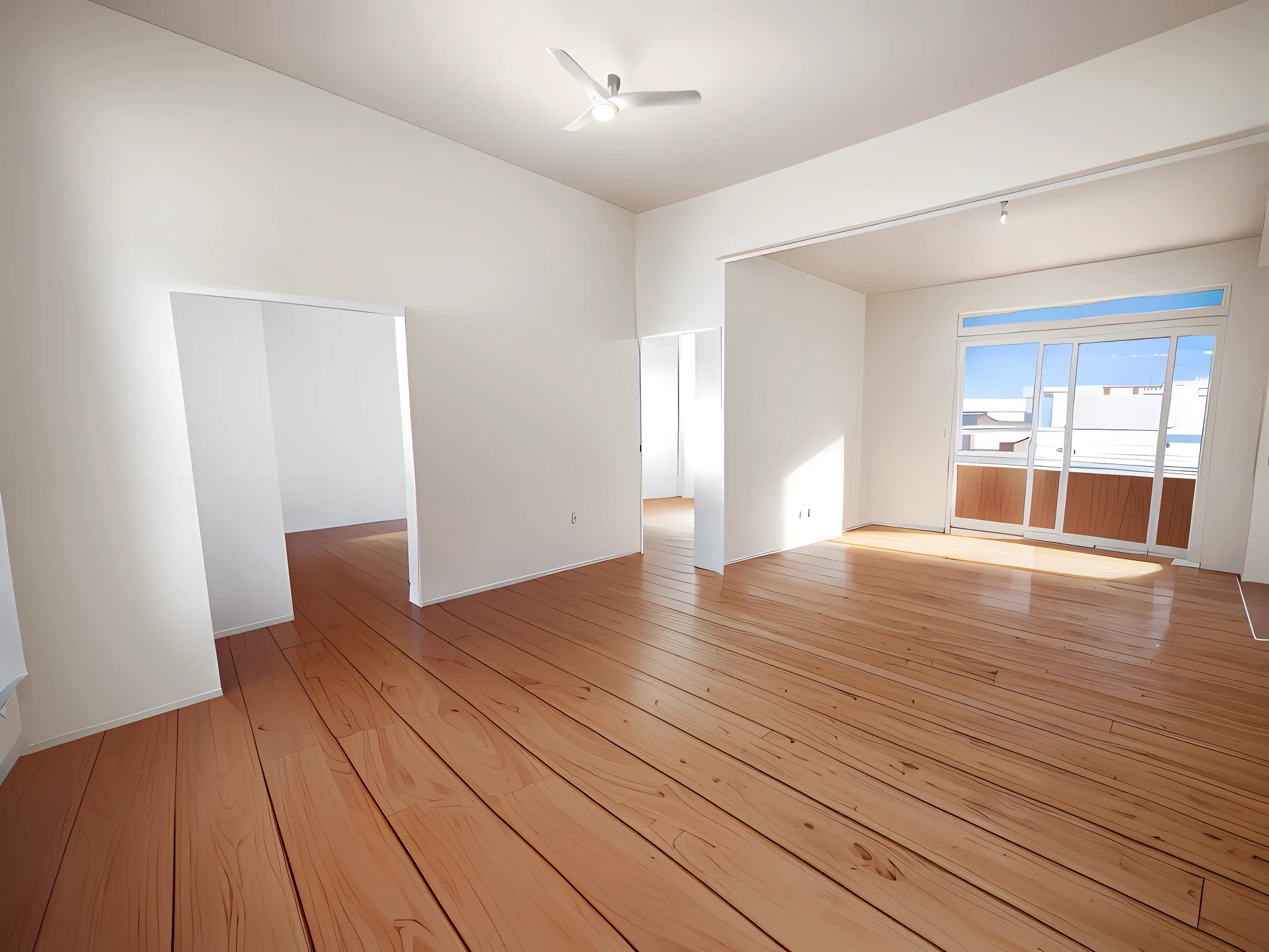 Empty house,White walls and cherry wood floors, white wooden doors with sofas
