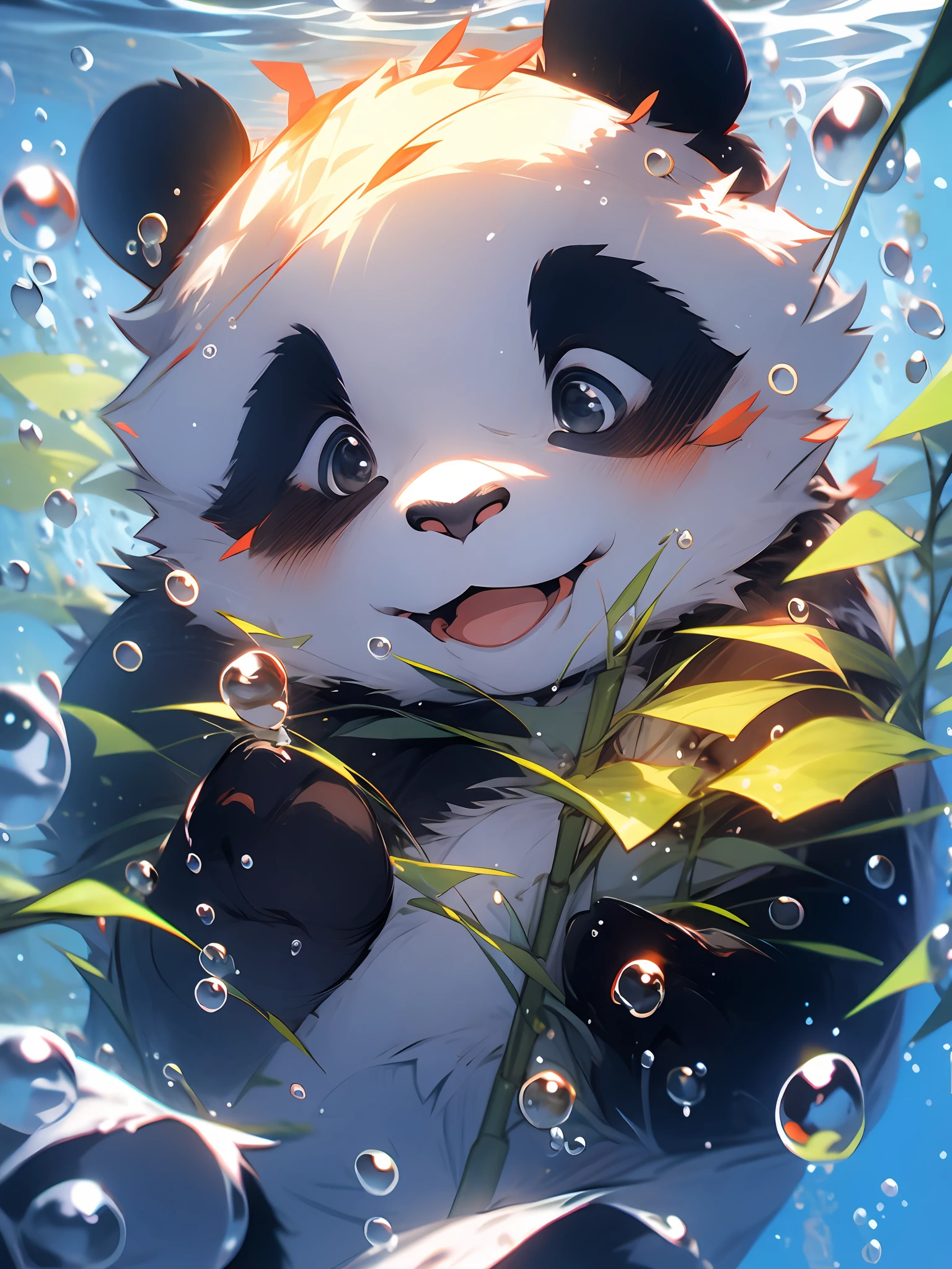 1 Cute panda，closeup of face，portraitures，hairy pubic，leafs，No Man，The feet are under water，water bubbles，Buble，A lens in which the lens takes pictures with the foot upwards，higher details，Rich in color，adorable smile，最好质量，8K，high saturated