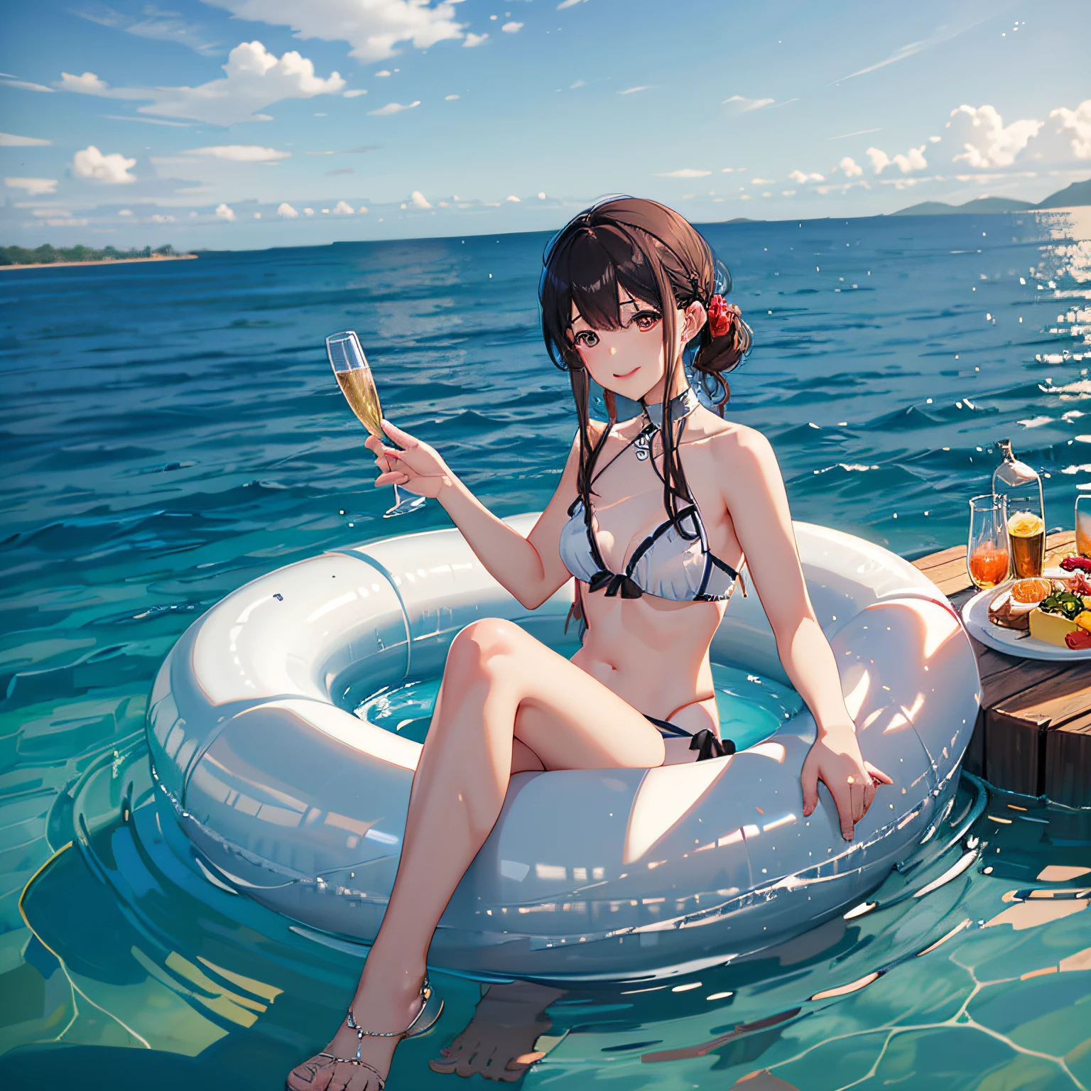 （Best quality at best，tmasterpiece），02，Dead reservoir water，夏天，seaside backgroud，Sit in a swimming ring with a champagne glass，Toast and smile at someone --auto