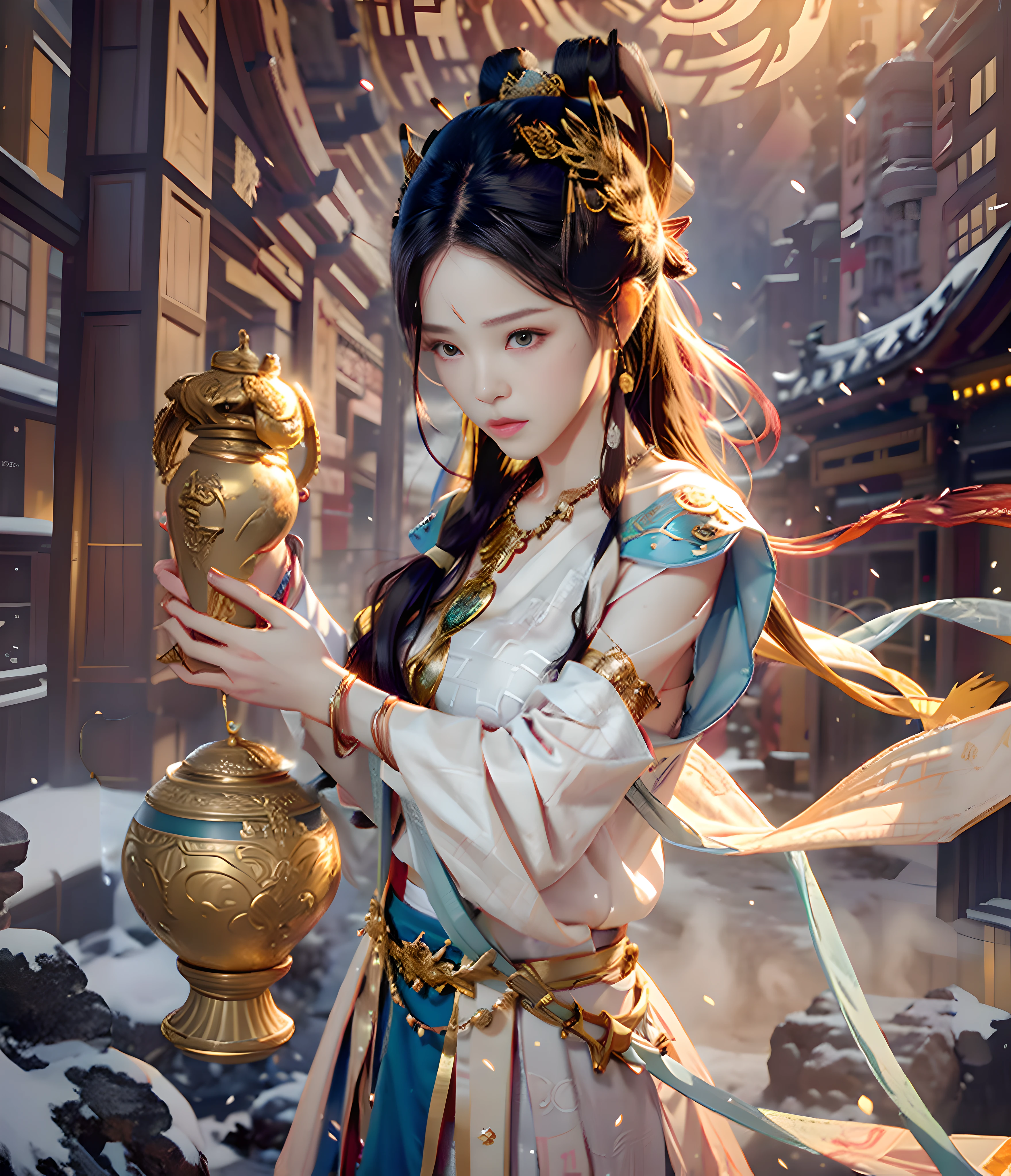 Asian woman in traditional dress holds a golden vase in a snowy alley, Palace , A girl in Hanfu, Chinese fantasy, by Yang J, Beautiful character painting, trending on cgstation, Guviz-style artwork, author:Wang Lei, Beautiful digital artwork, a beautiful fantasy empress, Ruan Jia and Artgerm, Chinese girl, Alice X. zhang