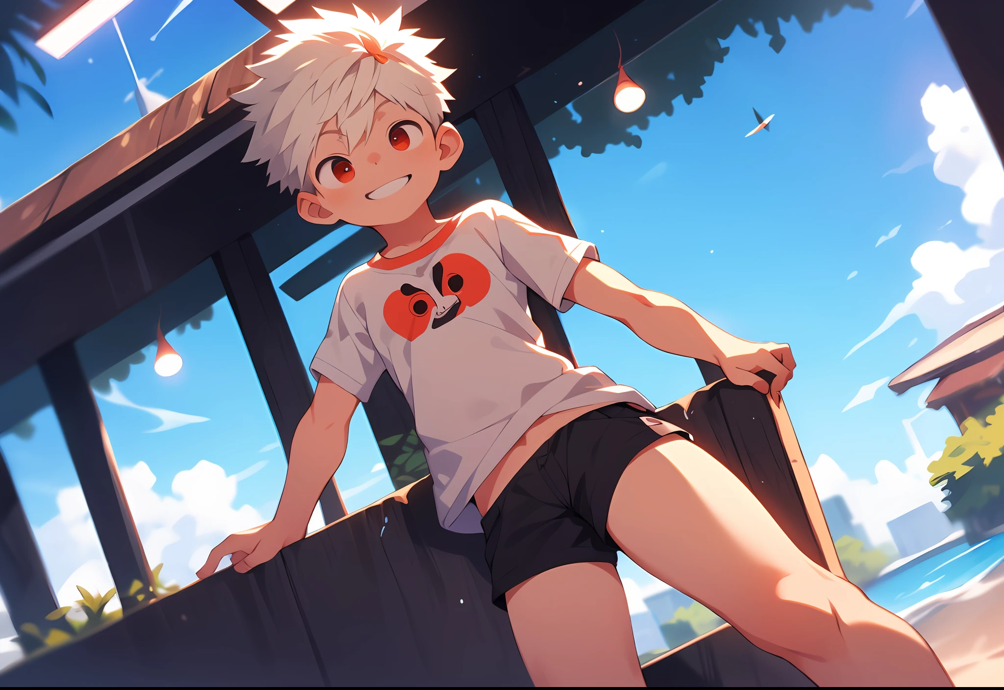 ((masterpiece)),(((best quality))), (high-quality, breathtaking),(expressive eyes, perfect face), 1boy, solo, male, short, young, small boy, short white hair, red eyes, smiling, casual clothes, short shorts, on a date in a cafe