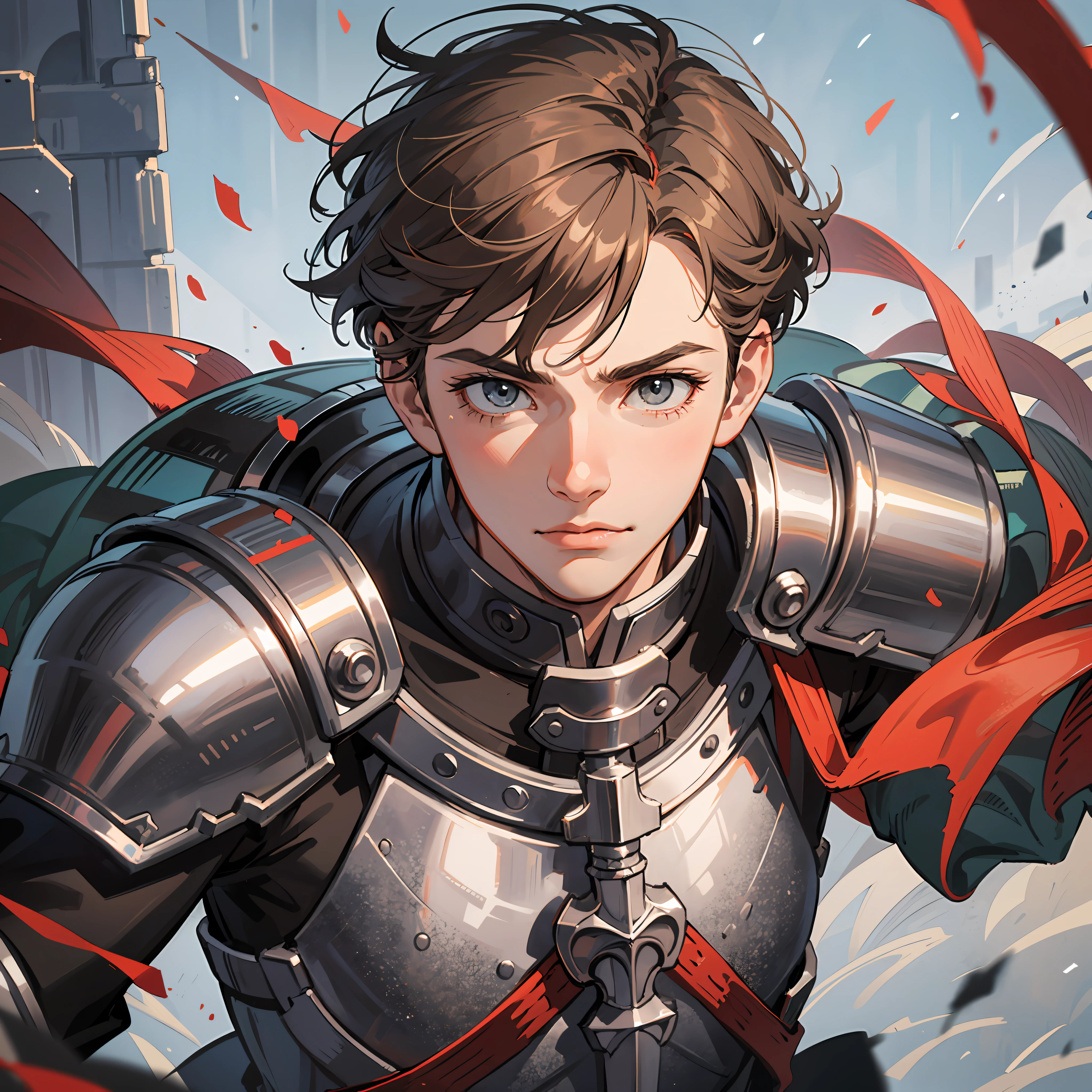 a 17-year-old teenage boy, 1 boy as a swordsman, sword, brown short hair, brown short hair parted in the middle, man's short hair, without a beard, without a goatee, no facial hair, silver colored medieval knight armor, red clothes, war, battlefield