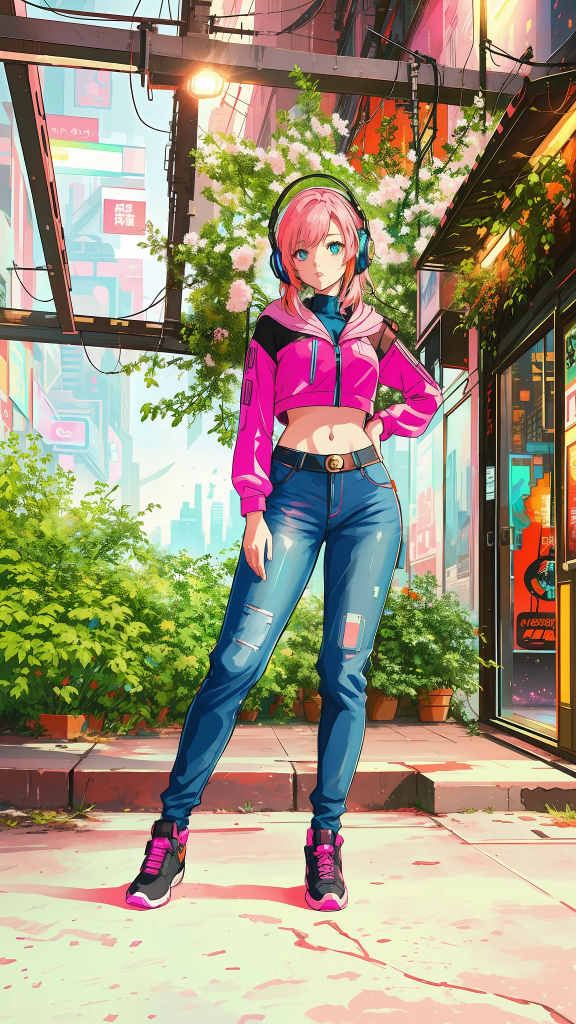 {masterpiece}, {best quality}, {{oil painting}} , {{wallpaper 8k CG}}, {realistic}, Concept Art, {{cyberpunk}}, vary blue and red and orange and pink hard light, intricate light, portrait of a robotic girl with pink hair and headphones in a city at night with neon lights and buildings in the background, in the Sci-fi City at night, white and intricate clothes, dynamic hair, haircut, dynamic fuzziness, beautiful and aesthetic, intricate light, manga and anime,