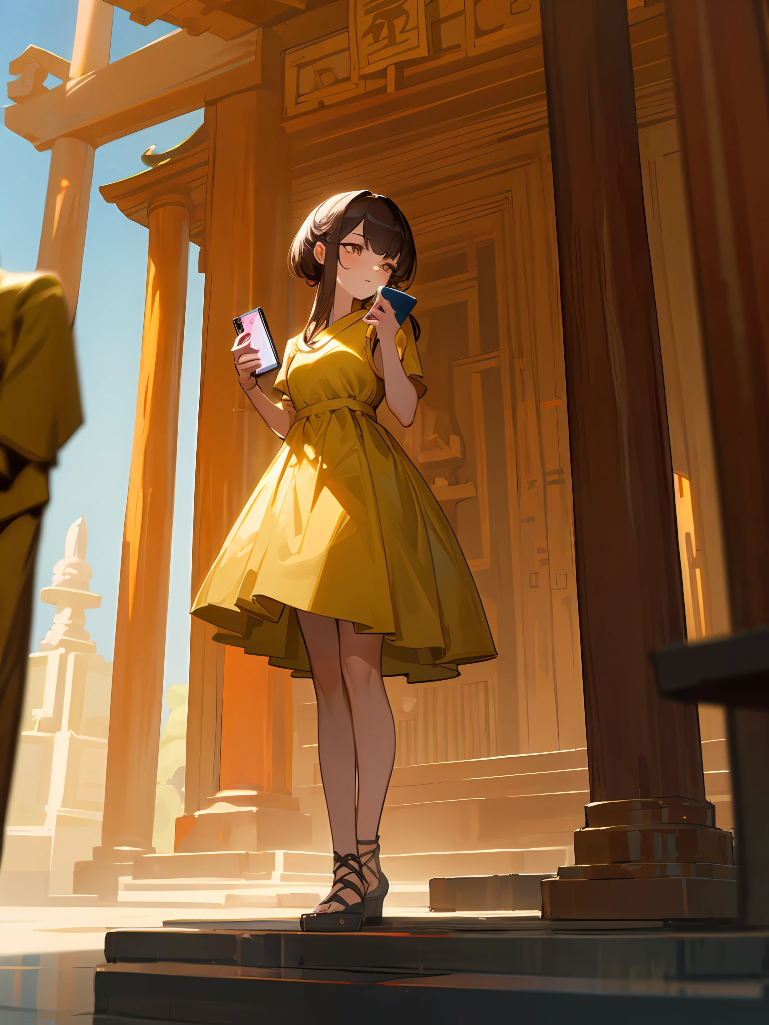 A girl in yellow dress standing in a caged area, in a temple, standing in a buddhist temple, in front of a temple, goddess checking her phone, temples behind her, digital painting.,4k, sharp focus.