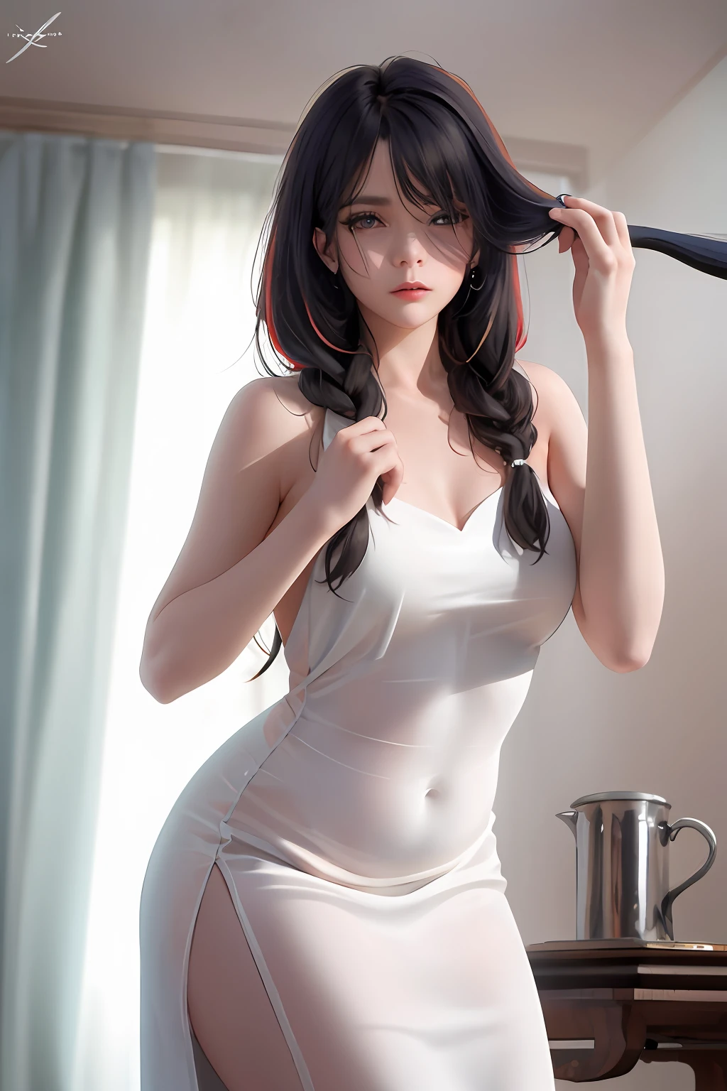 tmasterpiece，best qualtiy，Her white dress elegantly draped over her curvy figure，Highlights her seductive silhouette，Many-Layer Textures，nedium breasts，Expose the leg ring，Brush up your hair with one hand，dishiveredhair，MAXIMUM DEFINITION，