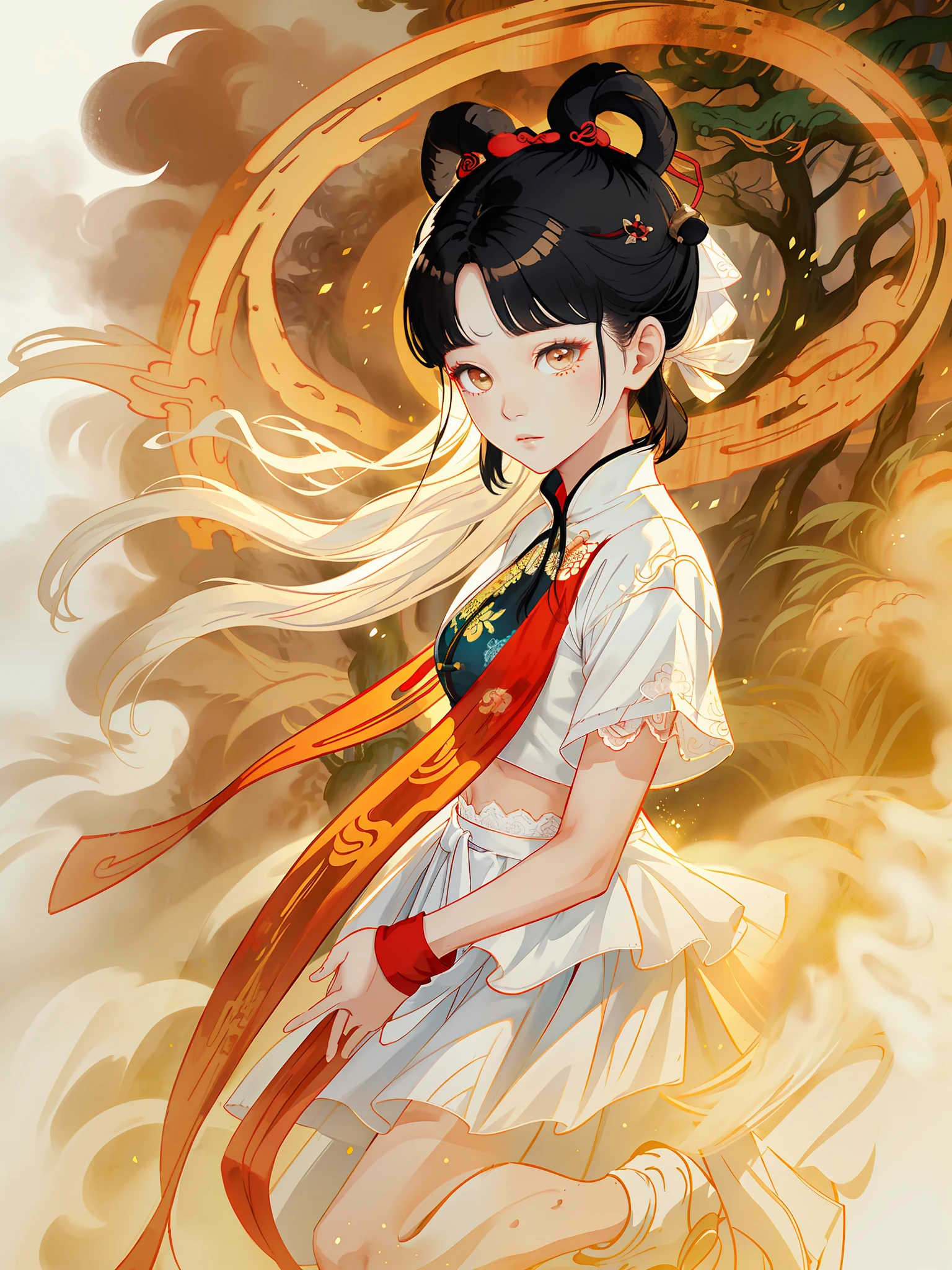 ((Dark Light, Top Quality, 8K, Masterpiece: 1.3)), (Focus: 1.2), (In Chinese, Casual Theme, Outdoor: 1.5), (Beauty & Slim Abs: 1.4), ((Layered Hairstyle)), (White Shirt: 1.6), (White Lace Short Skirt: 1.3), Highly Detailed Face and Skin Texture, Whitening Skin, (Full Body: 1.4), White Clothes, Forest, Evening