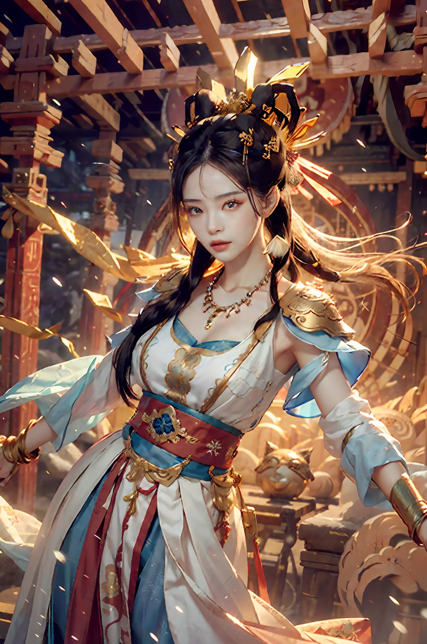 best qualtiy, tmasterpiece, 超高分辨率, （realisticlying：1.4）, snow mountains，drifting snow，arma, Detal Face，Armor of metal， 1girll, 独奏, arma, （Magical Circle：1.2）, Streamers，xiuxian, The upper part of the body, a beauty girl, full bodyesbian, east asian architecture, , bead necklace, Smug, filmgrain, Fuji colors, Textured skin