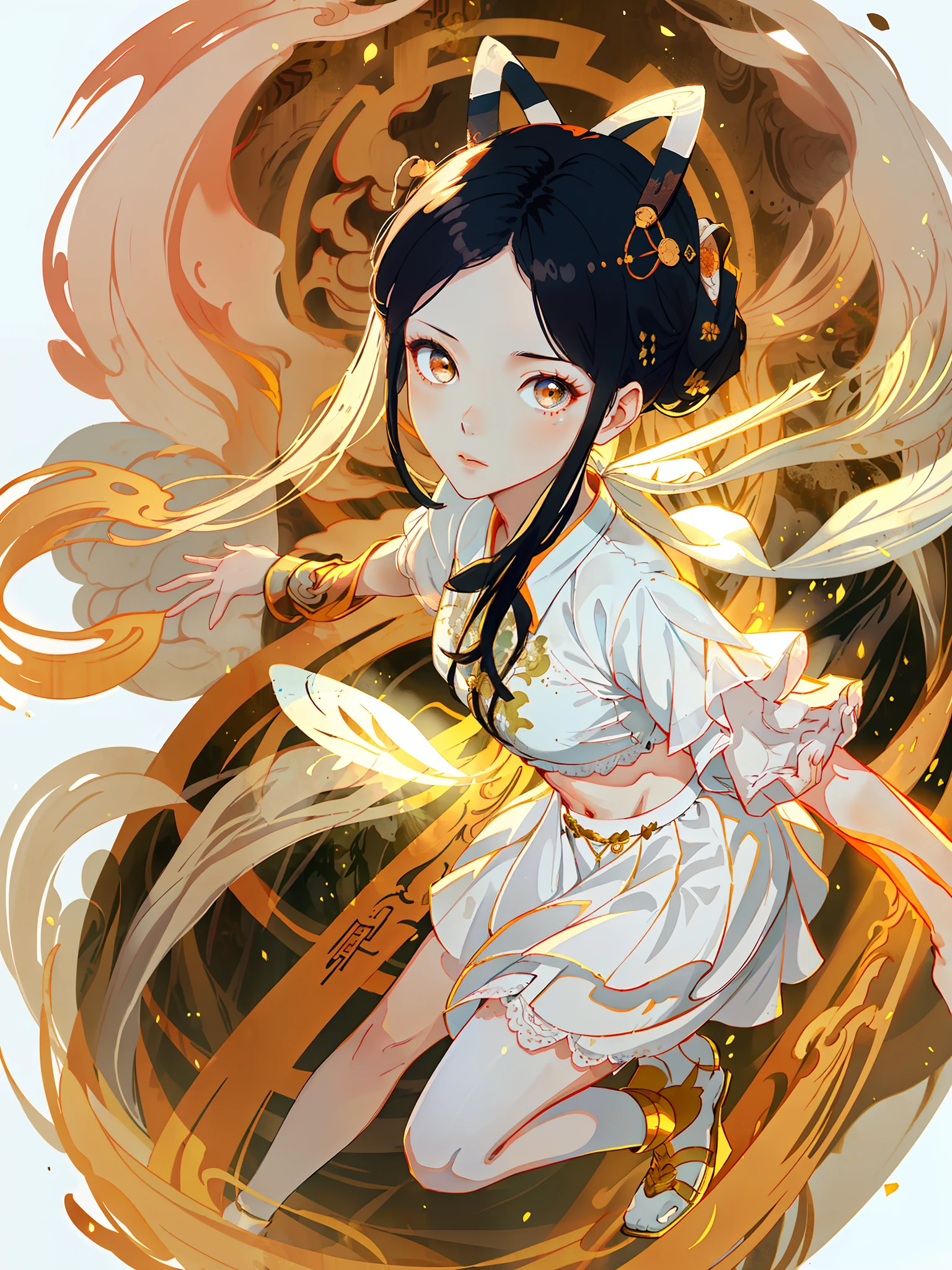 ((Dark Light, Top Quality, 8K, Masterpiece: 1.3)), (Focus: 1.2), (In Chinese, Casual Theme, Outdoor: 1.5), (Beauty & Slim Abs: 1.4), ((Layered Hairstyle)), (White Shirt: 1.6), (White Lace Short Skirt: 1.3), Highly Detailed Face and Skin Texture, Whitening Skin, (Full Body: 1.4), White Clothes, Forest, Evening