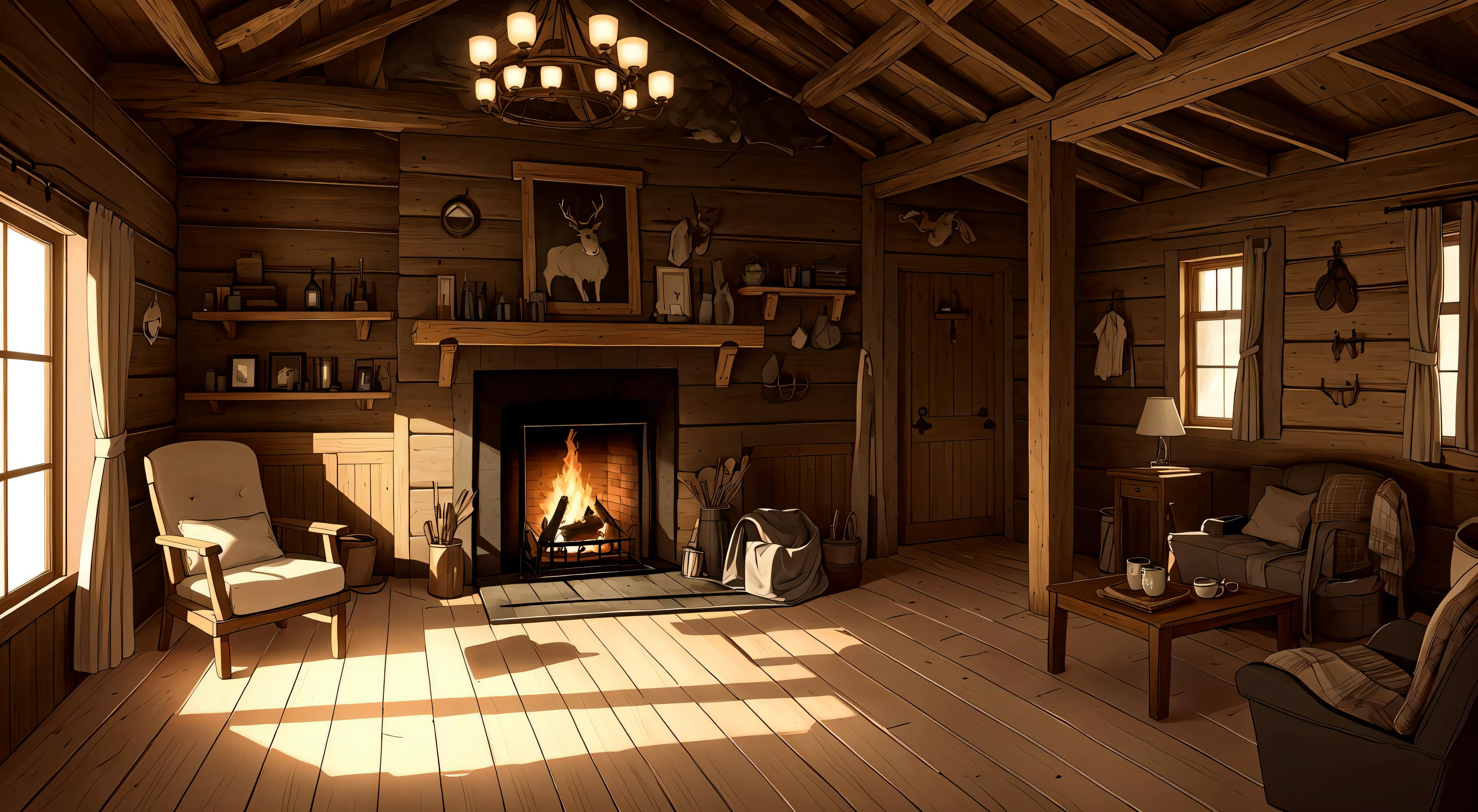 cabin interior, complete with wooden walls adorned with various hunting trophies, antlers, and animal hides. A large stone fireplace dominates one wall, casting flickering shadows across the room as flames dance within. A bearskin rug covers part of the dirt floor, adding texture and depth to the scene. The furniture consists of a sturdy wooden table and benches, along with a few comfortable armchairs upholstered in thick fabric. BREAK rustic, dusty, well aged, volumetric lighting, cluttered