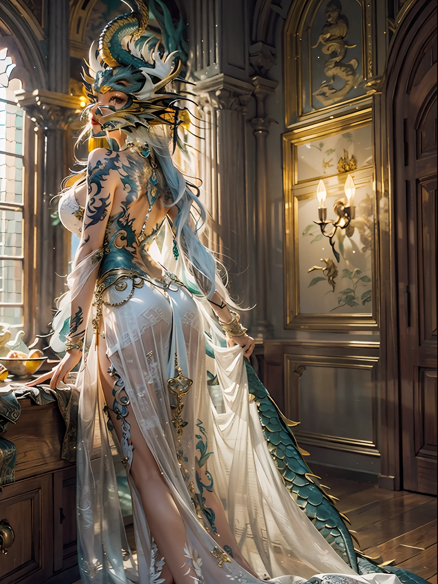 dragon_real, (extremely detailed CG 8k wallpaper, masterpiece, best quality, ultra detailed, beautiful detailed eyes: 1.2), best lighting, (best shadow, extremely delicate and beautiful bloom), the girl was surrounded by dragons, ( 1girl: 1.4), breasts, solo, full body, back tattoo, white dress, (dragon color: 1.4), bare leg, long dress,