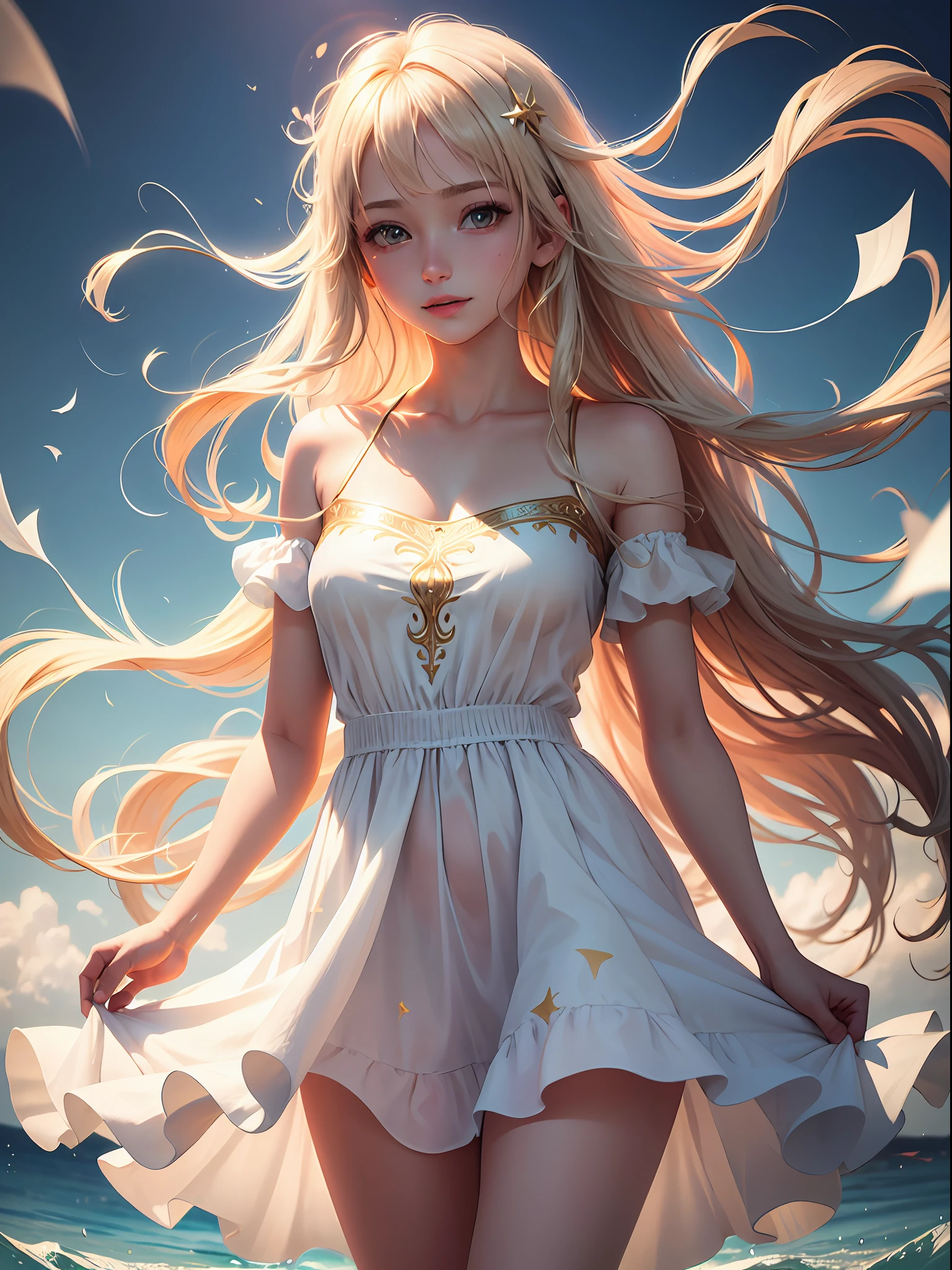 angel, super beautiful, colorful splashing, hiten, clear and beautiful, mysterious, beautifully painted, female, very long hair, bangs, floating hair, blonde hair, hair fluttering in the wind, delicate beautiful face, light smile, bright skin, white dress with gold decoration, Floating light spot, beautiful and clear background, Absurd, very fine 8K CG wallpaper, absurdres, highres, masterpiece:1.4, best quality