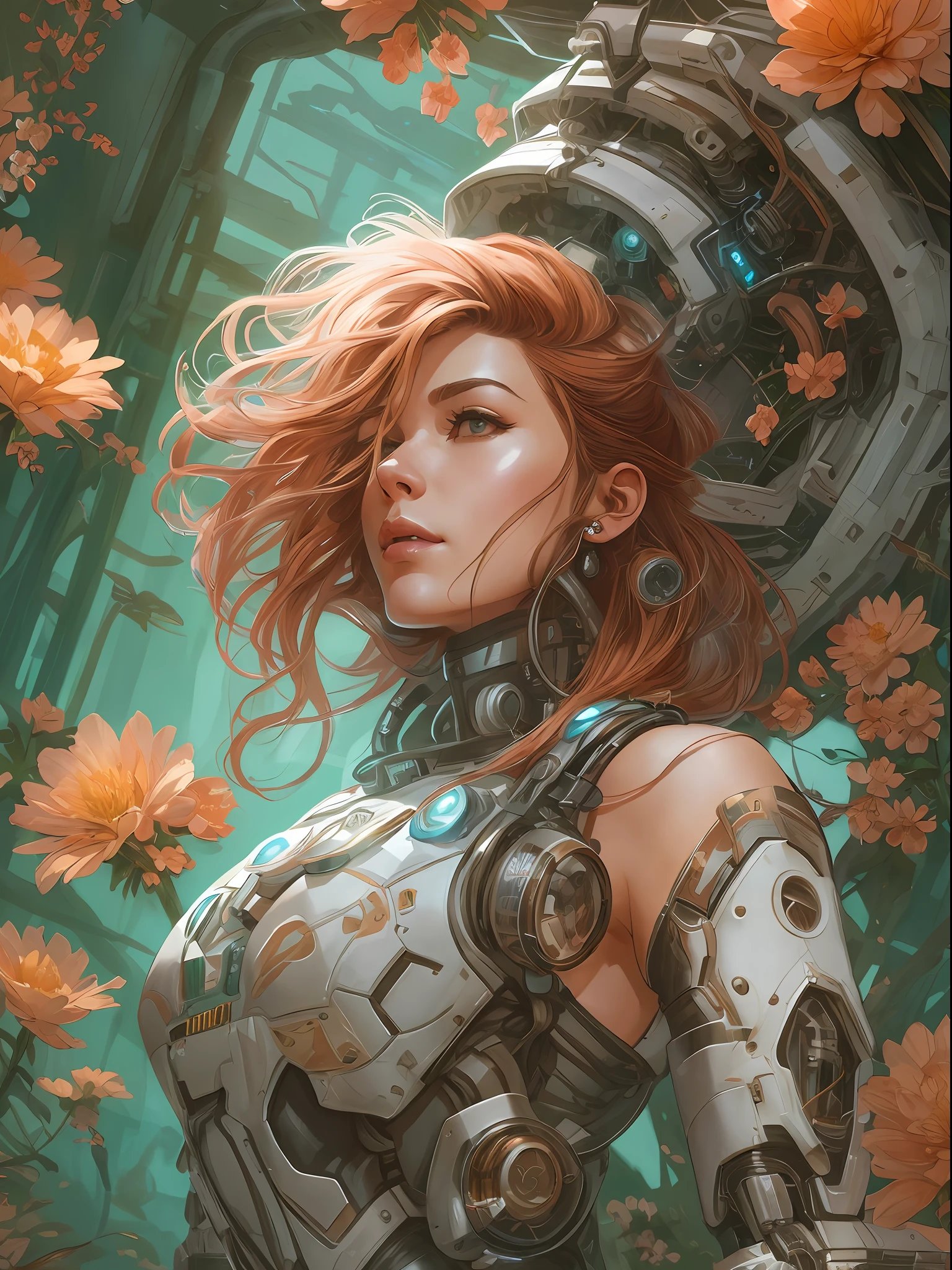 full length photo a robot astronaut in lingerie, floral! horizon zero dawn machine, intricate, elegant, highly detailed, digital painting, artstation, concept art, smooth, sharp focus, illustration, art by artgerm and greg rutkowski and alphonse mucha, 8k