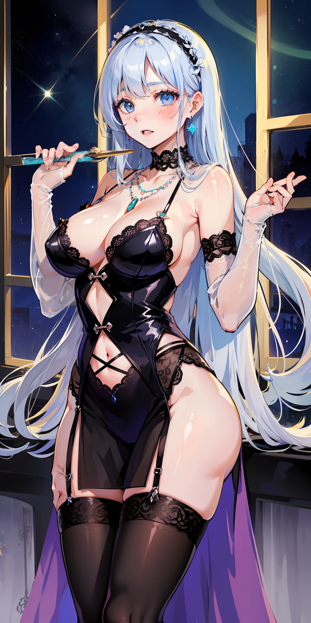 masterpiece, best quality, girls, silver hair, blue eyes, sheer black lingerie, jewelry necklace, jewelry earrings, jewelry dress, garter belt, garter belts, blush, 🤨, headband, black tights, standing , glass room, night, night sky, starry sky, window behind the back, red elbow gloves