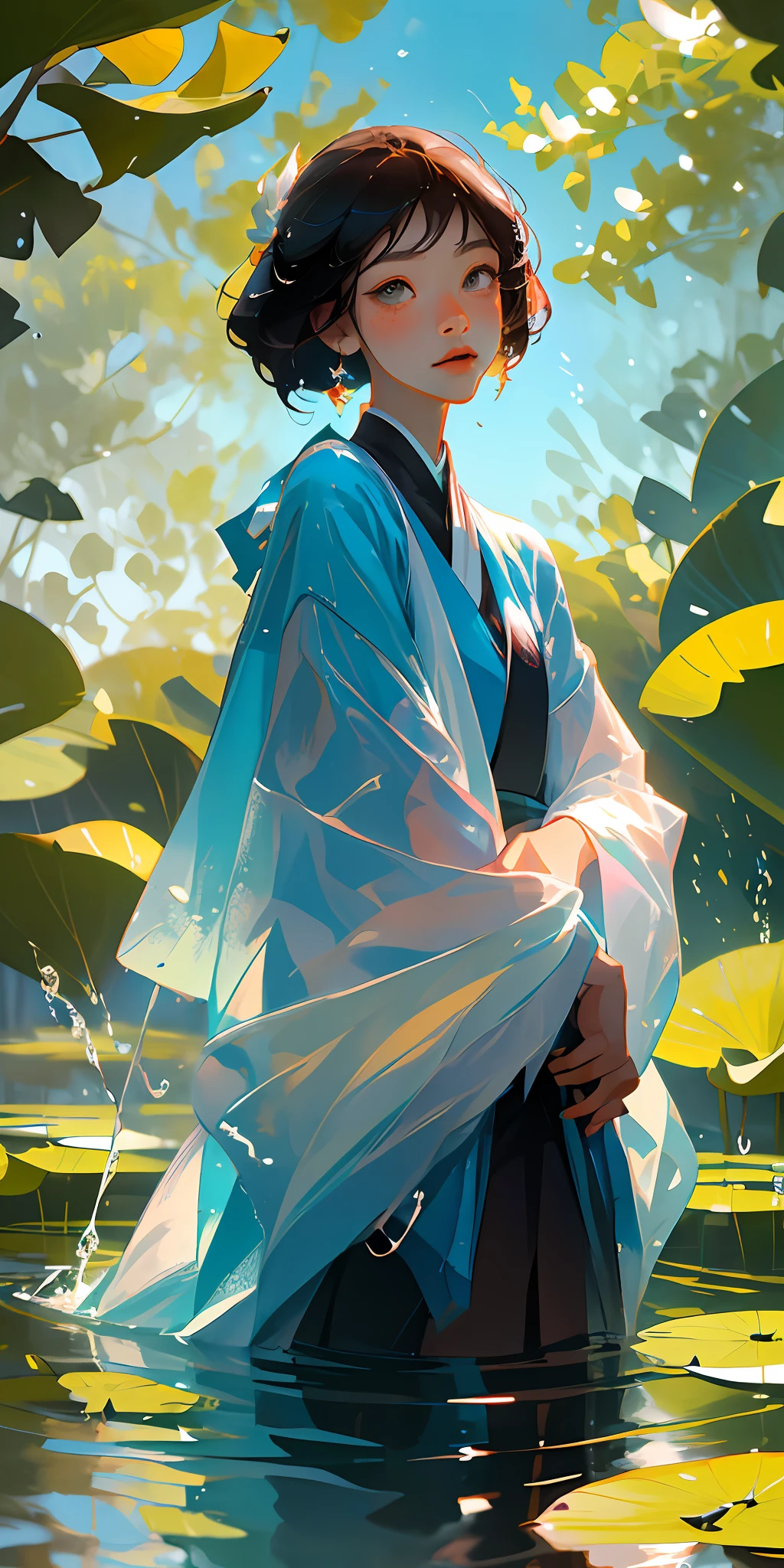 tmasterpiece，HighestQuali，Delicate facial features，夏天，8 year old，One boy and one girl，splashing in the water，Lotus leaf，the trees，Blue sky，freshen