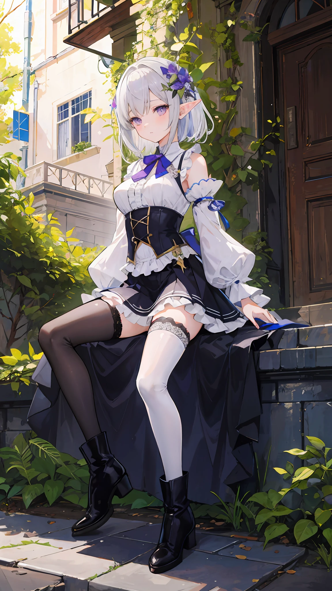 (masterpiece), best quality, high resolution, extremely detailed, detailed background, cinematic lighting, outdoor, 1girl, elf, medium hair, silver hair, crossed bangs, purple eyes, medium breasts, white shirt, black dress, drastic hair ornaments, skirt, frills, lace rims, frilled sleeves, frilled skirt, thighhigh, ankle boots,