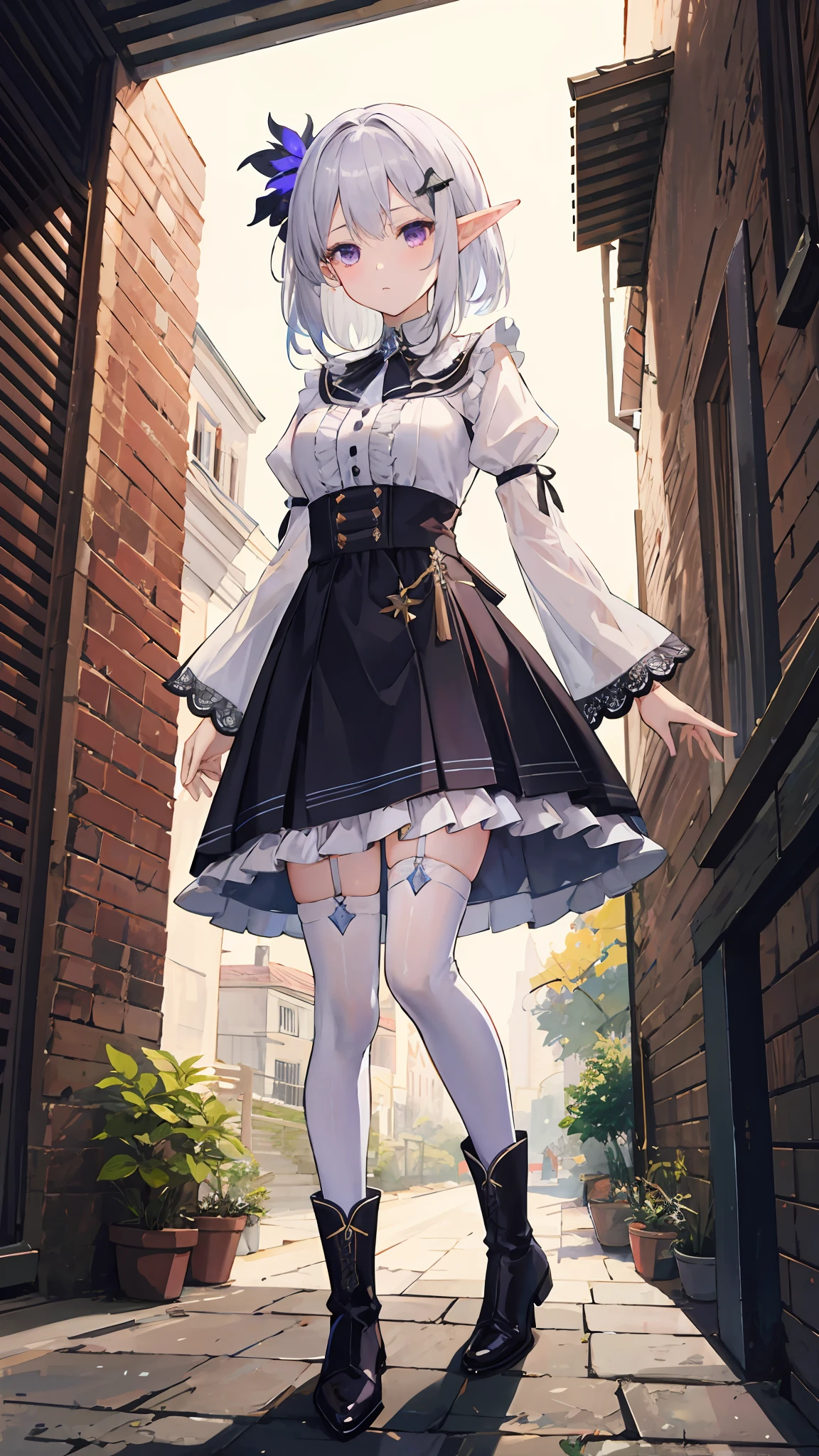 (masterpiece), best quality, high resolution, extremely detailed, detailed background, cinematic lighting, outdoor, 1girl, elf, medium hair, silver hair, crossed bangs, purple eyes, medium breasts, white shirt, black dress, drastic hair ornaments, skirt, frills, lace rims, frilled sleeves, frilled skirt, thighhigh, ankle boots,