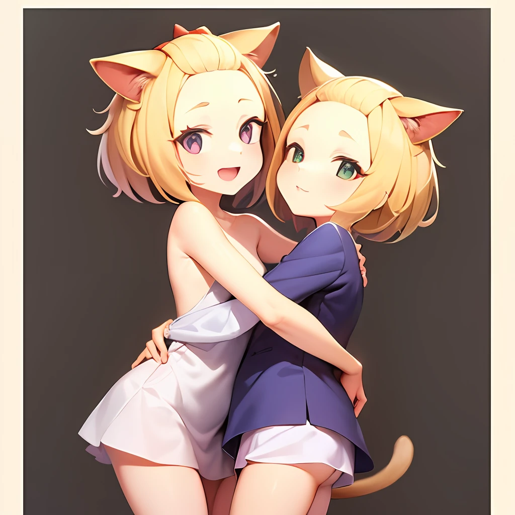 Two small child girls hugging each other，Blonde European ???，Wear cute dinosaur costumes，With cat ears，no clothes are worn
