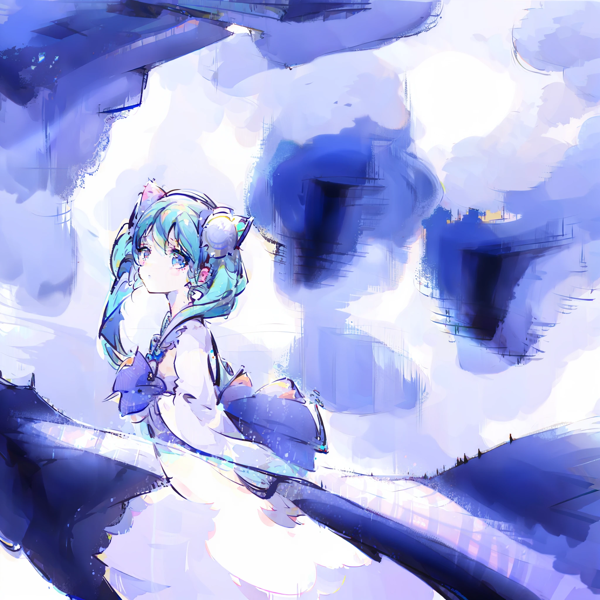 Hatsune Miku stands on the balcony looking at the view of the city at night