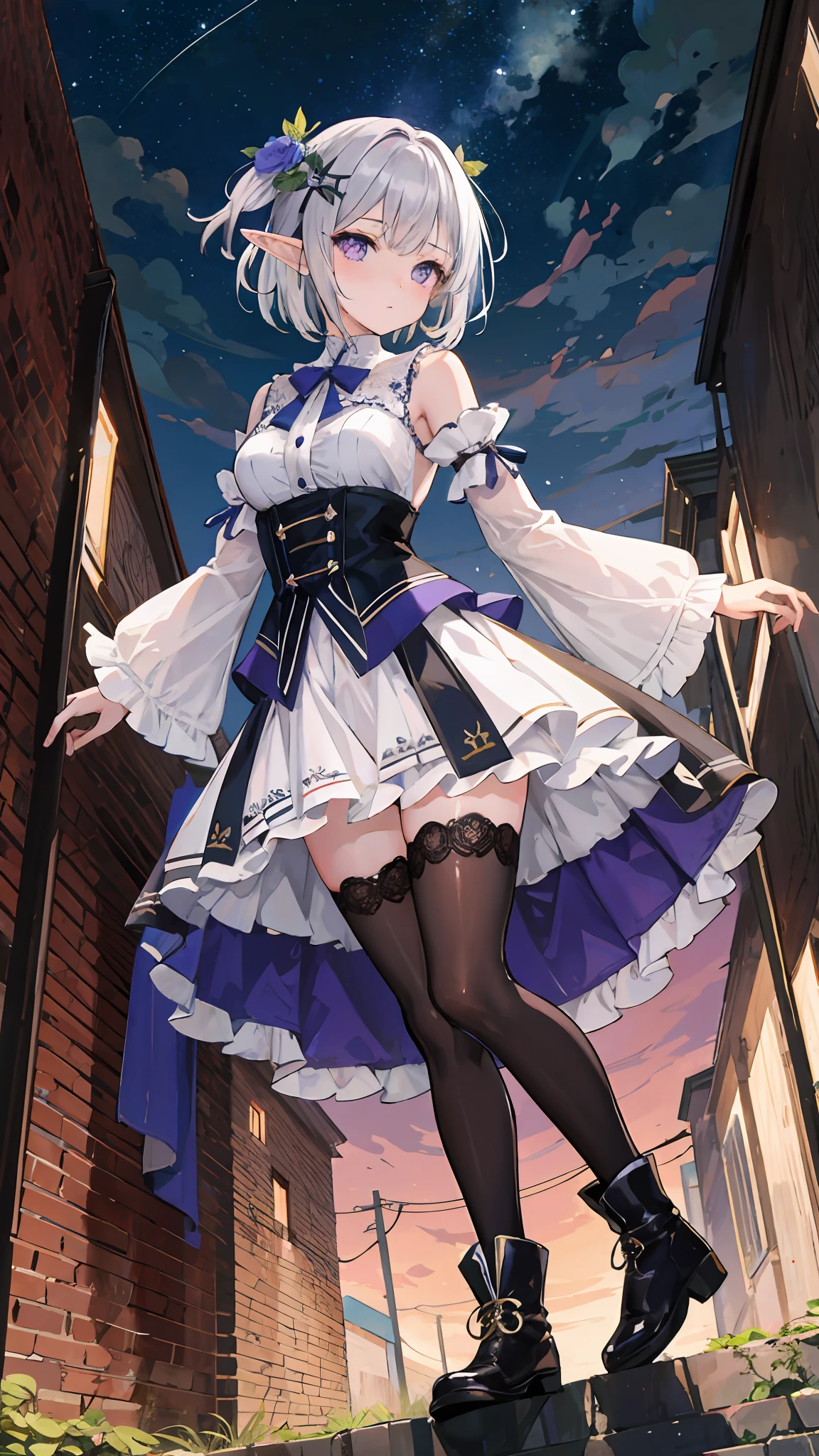 (masterpiece), best quality, high resolution, extremely detailed, detailed background, cinematic lighting, outdoor, 1girl, elf, medium hair, silver hair, crossed bangs, purple eyes, medium breasts, white shirt, black dress, drastic hair ornaments, skirt, frills, lace rims, frilled sleeves, frilled skirt, thighhigh, ankle boots,