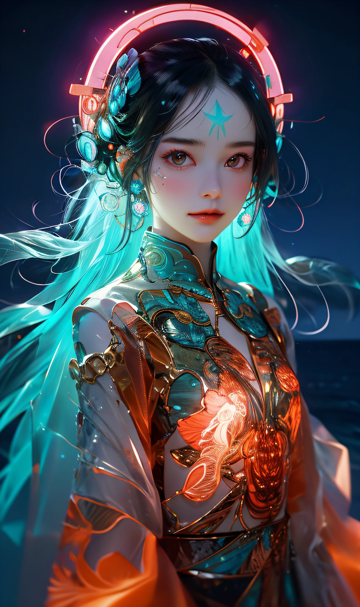 ((best quality)), ((masterpiece)), ((realistic)), portrait, 1girl, celestial, deity, goddess, light particles, halo, looking at viewer, (bioluminescent:0.95) ocean, bioluminescent, jellyfish, Vibrant, Colorful, Color, (Glow, Glow), (Beautiful Composition), Cinematic Lights, Intricate, (Symmetry: 0.5), Whimsical,