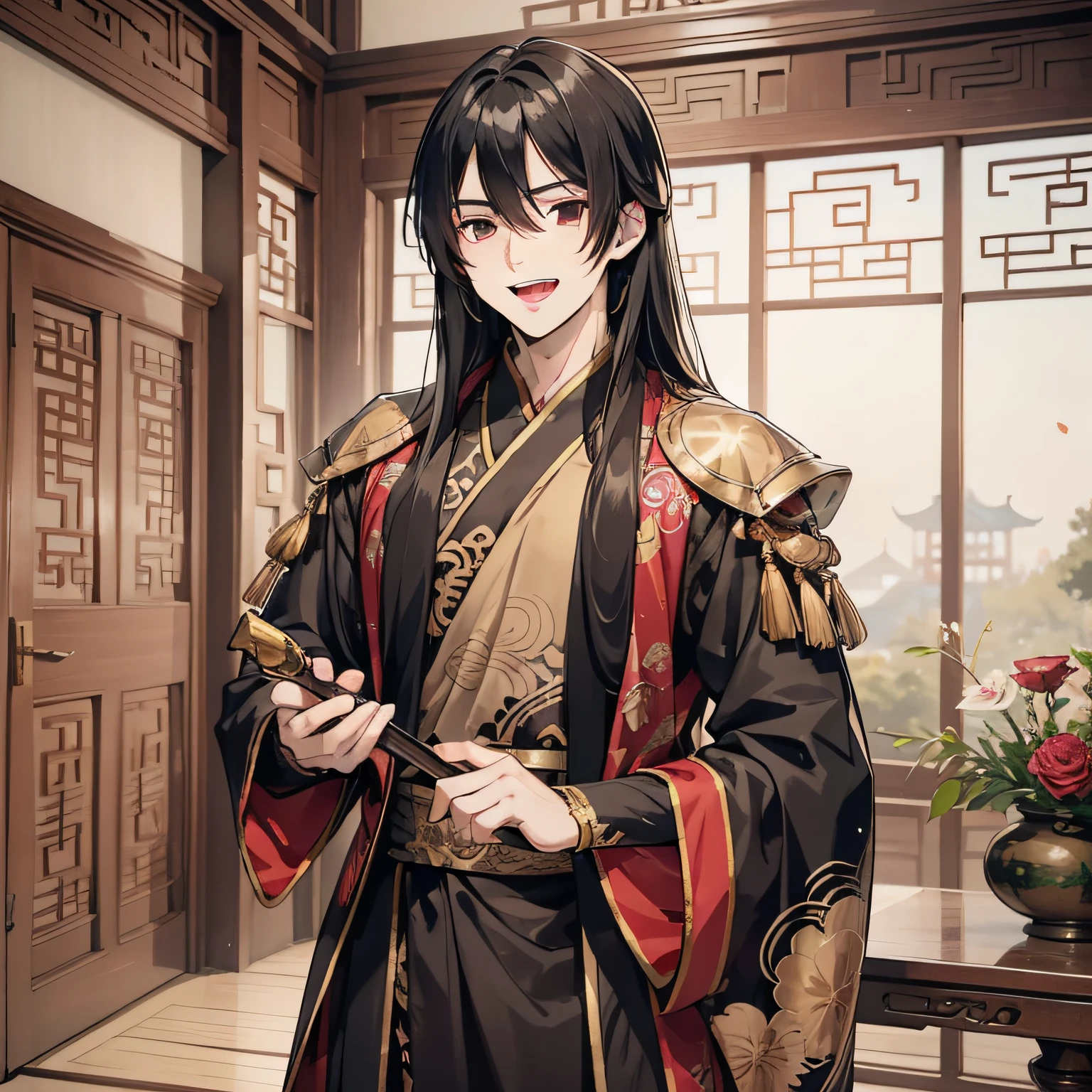 Ancient Chinese black long hair and about 18 years old anime young man wearing red wedding banquet Han costume, (happy expression 1.5) (open mouth laugh 1.2) (background is ancient Chinese room 1.5) anime style 4 K, anime rendering, anime style. 8k, handsome anime face, handsome costume boy (upper body display 1.5) (handsome boy 1.3) (movie light 1.5) vicissitudes 1.5
