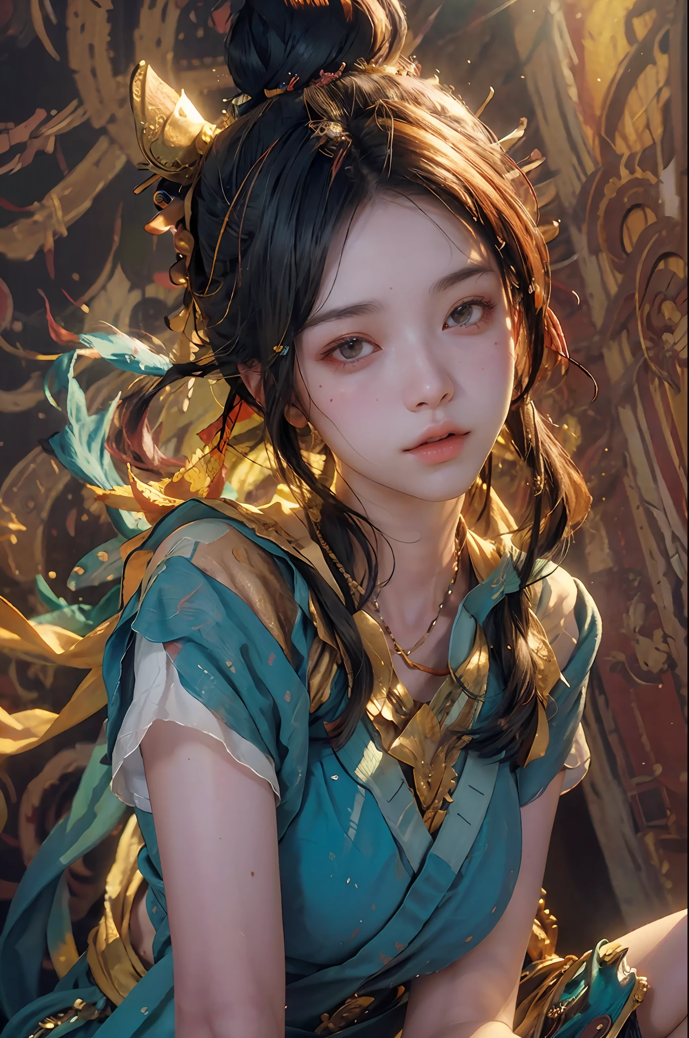 (RAW photo, best quality), (realistic, photo-realistic:1.3),best quality,highly detailed,masterpiece,ultra-detailed,illustration,1girl,upper_body,dynamic angle,world masterpiece theater,messy_long_hair,best quality,extremely detailed CG unity 8k wallpaper,ink,Amazing,cinematic lighting,lens_flare, dunhuang_style