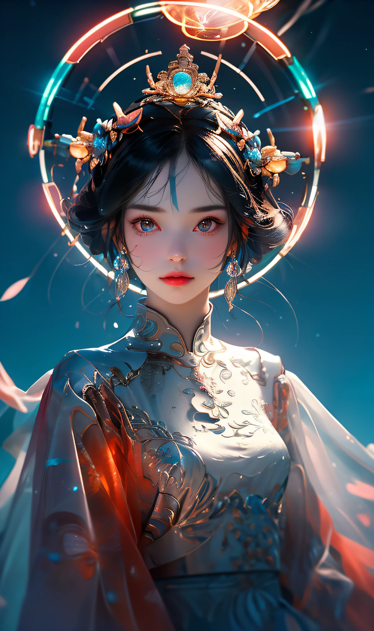 ((best quality)), ((masterpiece)), ((realistic)), portrait, 1girl, celestial, deity, goddess, light particles, halo, looking at viewer, (bioluminescent:0.95) ocean, bioluminescent, jellyfish, Vibrant, Colorful, Color, (Glow, Glow), (Beautiful Composition), Cinematic Lights, Intricate, (Symmetry: 0.5), Whimsical,