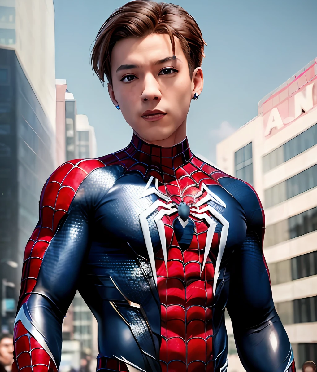 tmasterpiece，k hd，Detailed details，Carefully defined bodies use Spider-Man role-playing，s the perfect face，City streets