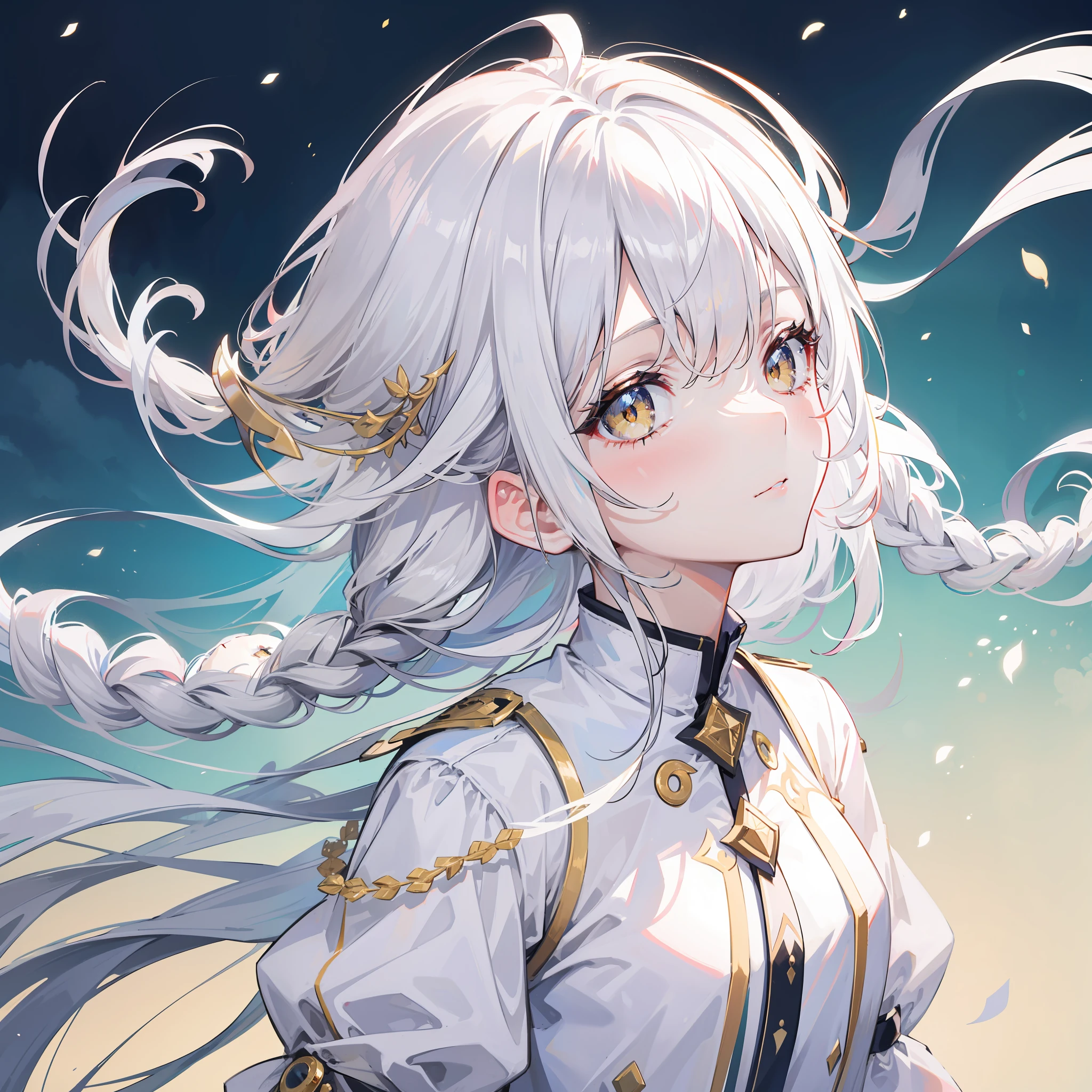 best quality, masterpiece,white hair, gold eyes,white clothes, looking up, upper body,hair strand,Fair skin,side braids