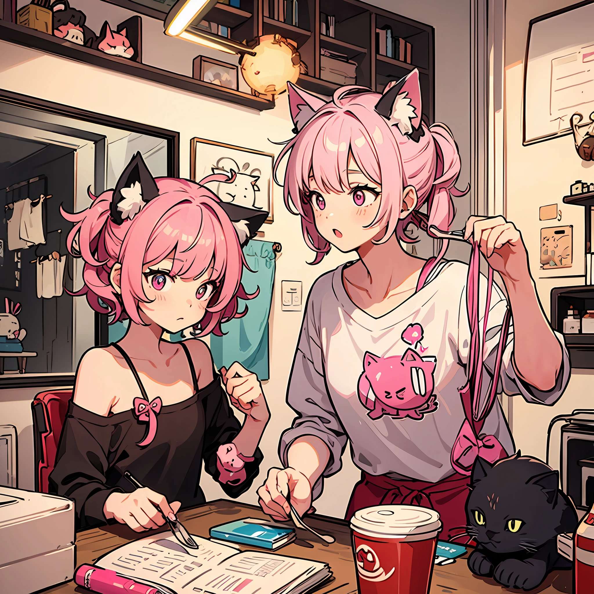 A pink-haired teenage girl,Messy hair,Fold cat ears,barber,pink lightning,Flash