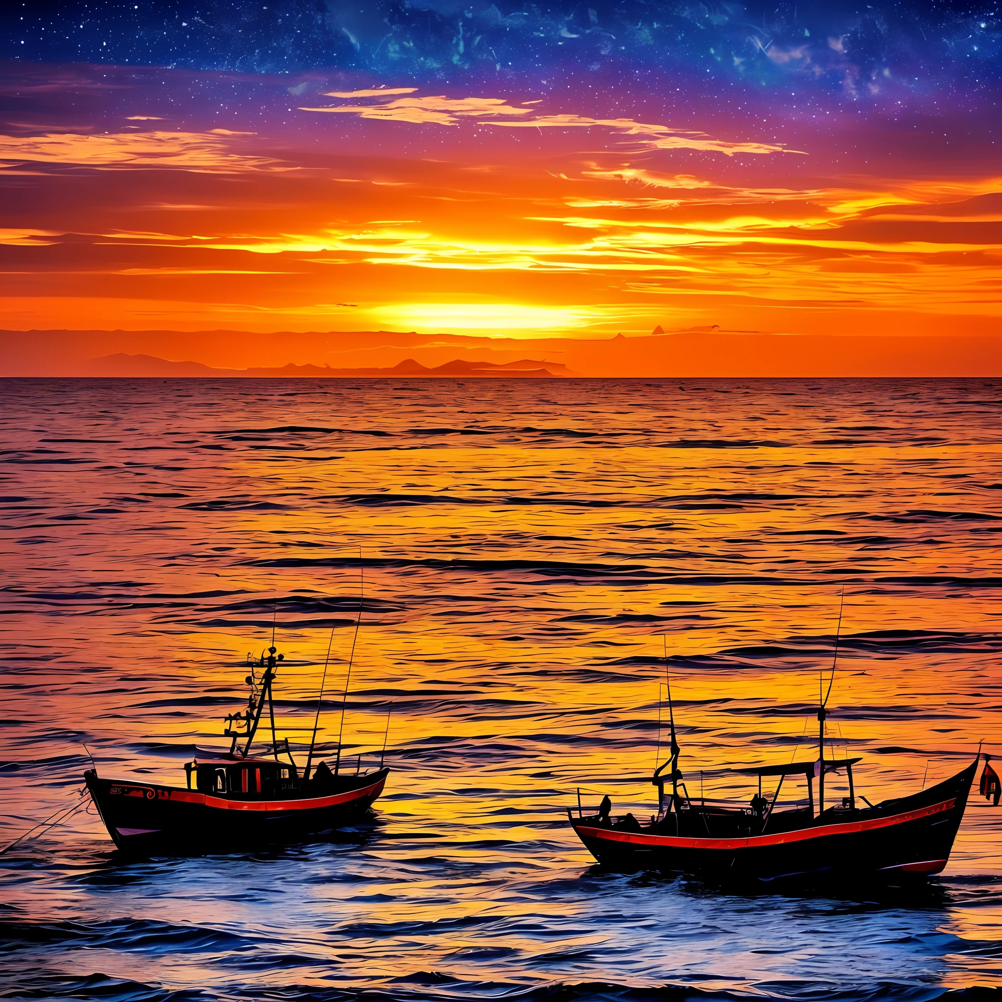 (Painting style:photorealestic) The sunset stained the entire sky red,The starry sky is dotted with,A fishing boat pushing several small boats rocks on the rough waves,The hunters on the ship stared intently into the distance,It is as if you can hear the gentle breathing of the sea,A flare, the color of flames, suddenly pierced the night sky,They know what that means。 --auto