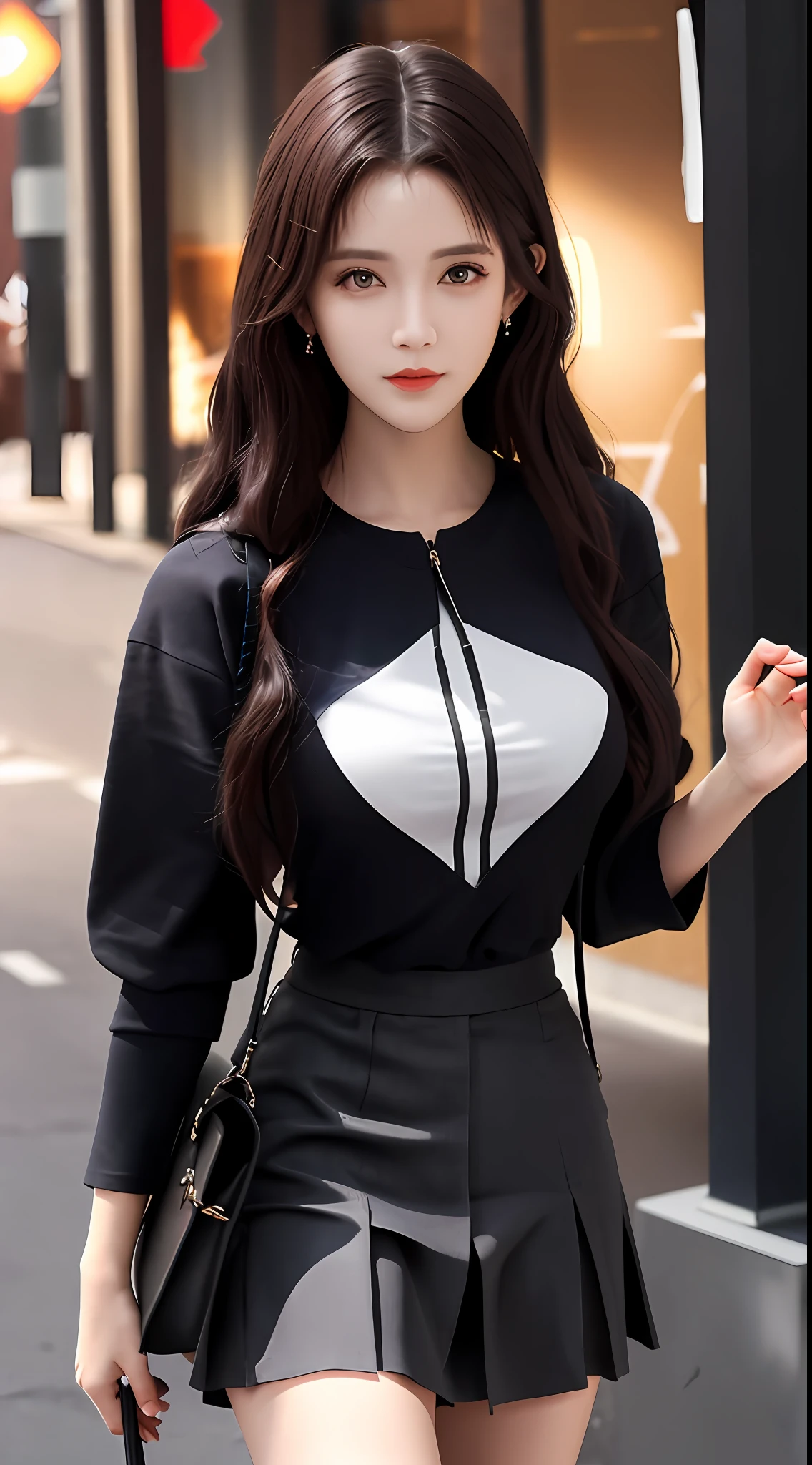 best qualtiy， tmasterpiece， 1girll， beauitful face， （photograph realistic：1.3）， edge lit， （highdetailskin：1.2）， 8K, Ultra HD， ， high high quality， A high resolution， 4K， 8K， Bokeh， absurderes， Optimal proportions of four fingers and one thumb， （realisticlying：1.3）， Cute 1girl，  mediuml breasts， short  skirt，longer sleeves，Random scenes