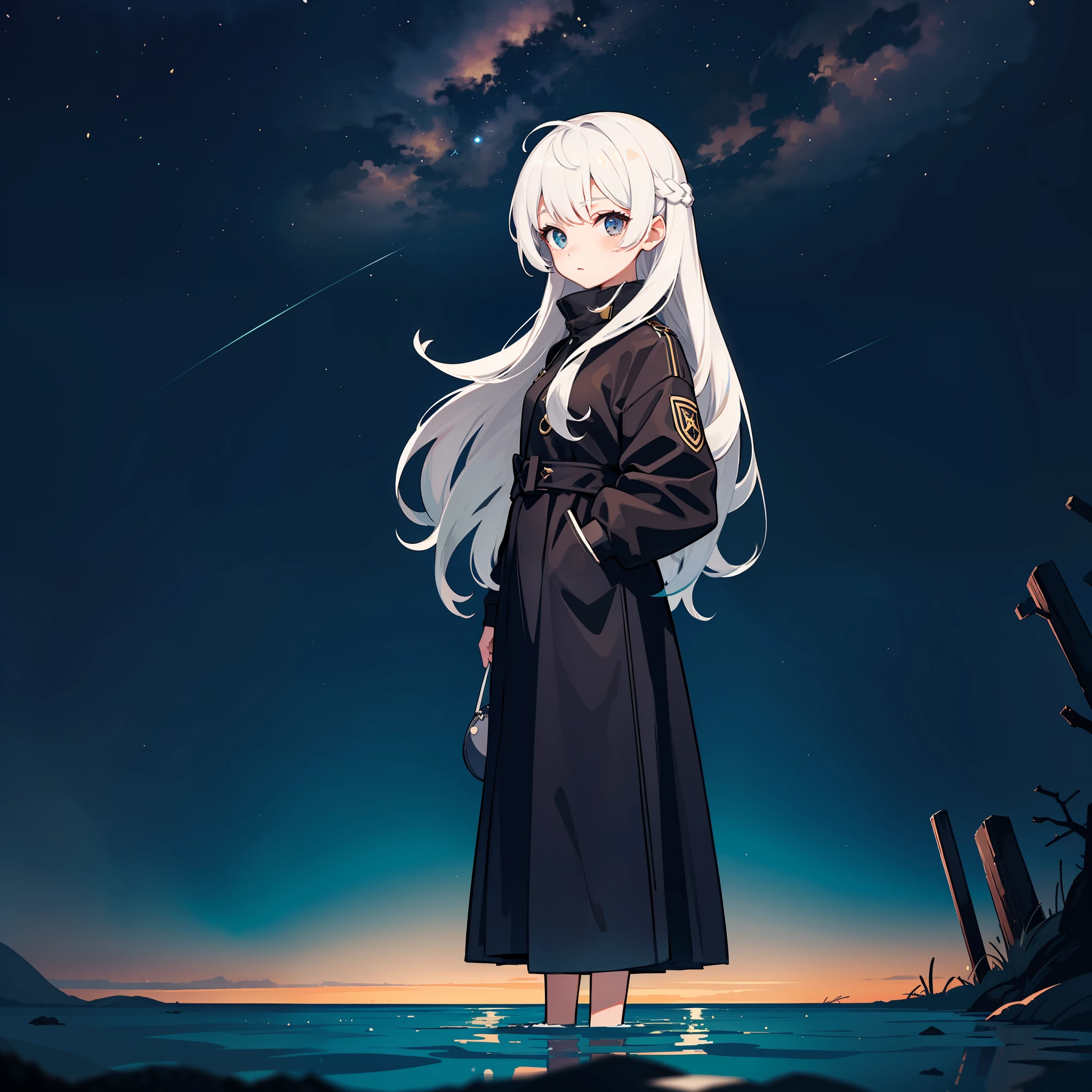 A girl with white hair,Standing alone in the lake,The starry sky is reflected in the water,Black starry sky,eyeball,ancient god,Outer gods,Ugsothos,