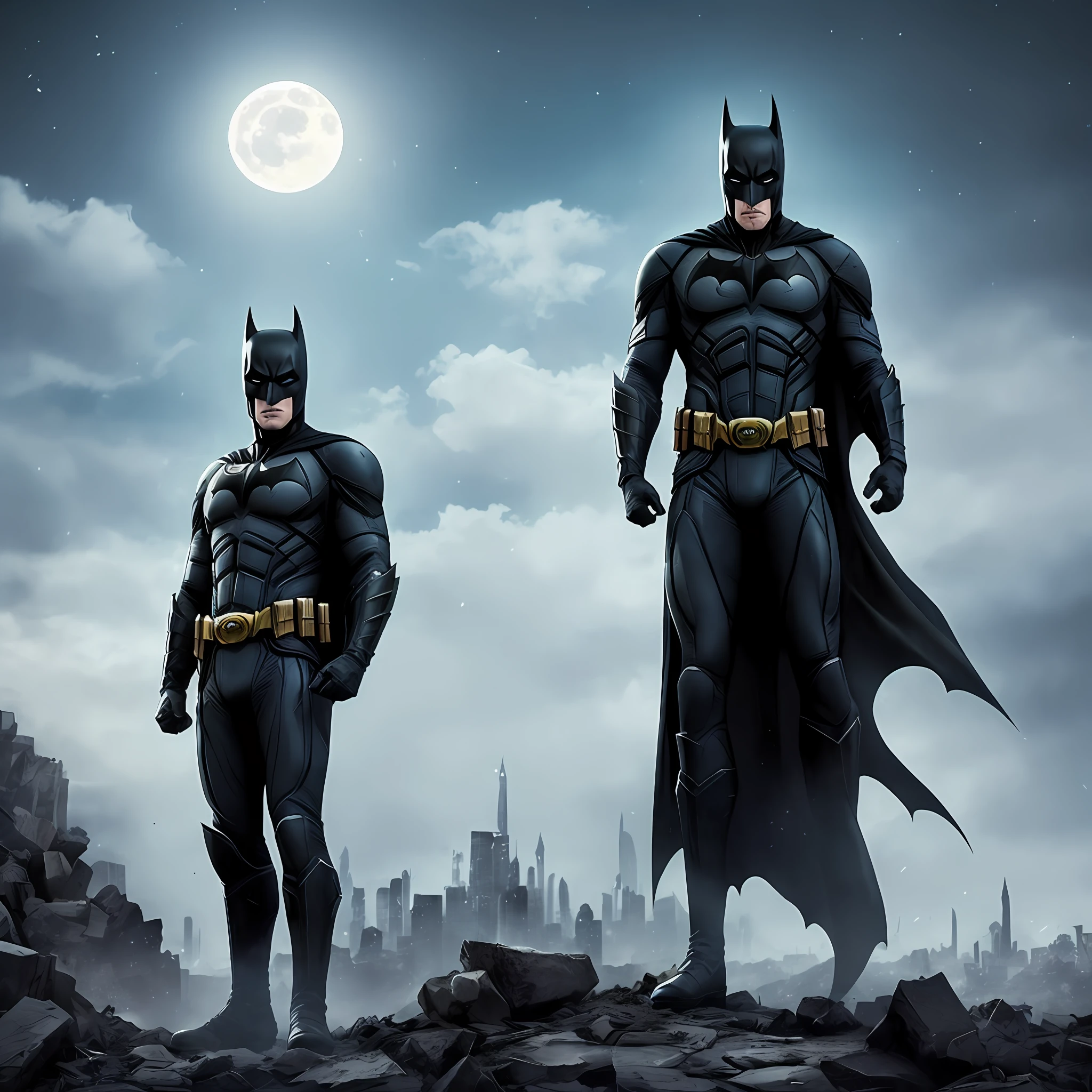 Batman from The Dark Knight stands majestically in a Gothic lost city。Moonlight highlights your muscles and scars。The scenery is lush,mistic,With futuristic technology and surroundings。The footage recorded everything in detail,a warrior woman,in front of him --auto