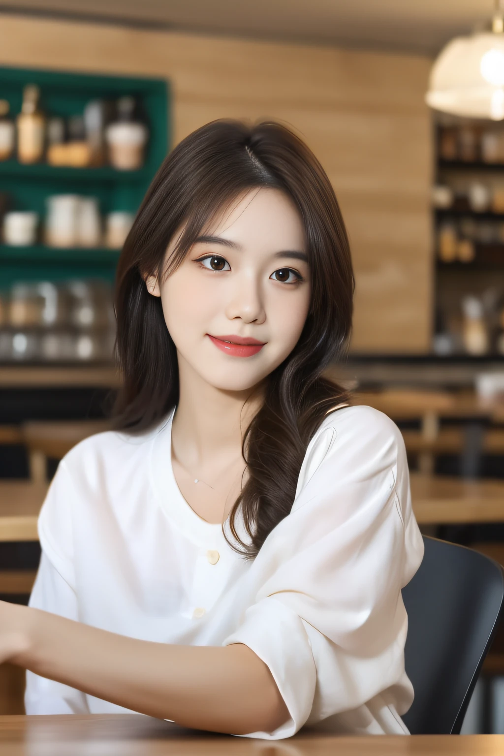 (Best image quality, fine details, silhouette beauty, natural light, warm and soft atmosphere, book scent) In bright light, beautiful woman in white shirt (double eyelids) in a café, looking directly at the camera.