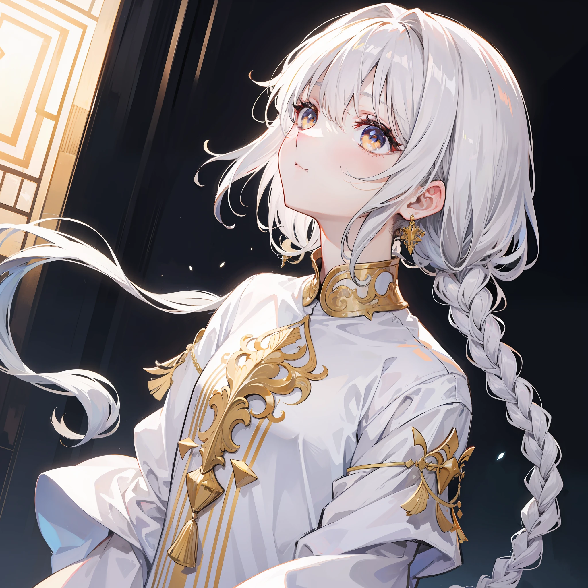best quality, masterpiece,white hair, gold eyes,white clothes, looking up, upper body,hair strand,Fair skin,side braids