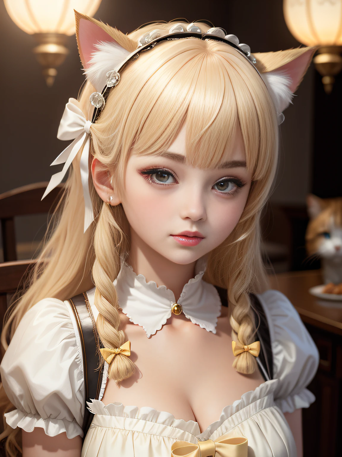 blonde hair, parted bangs, hair bell, lolita hairband, multiple hair bows, glowing eyes, cat ears, blush, rococo style, high detail, chiaroscuro, depth of field, cinematic lighting