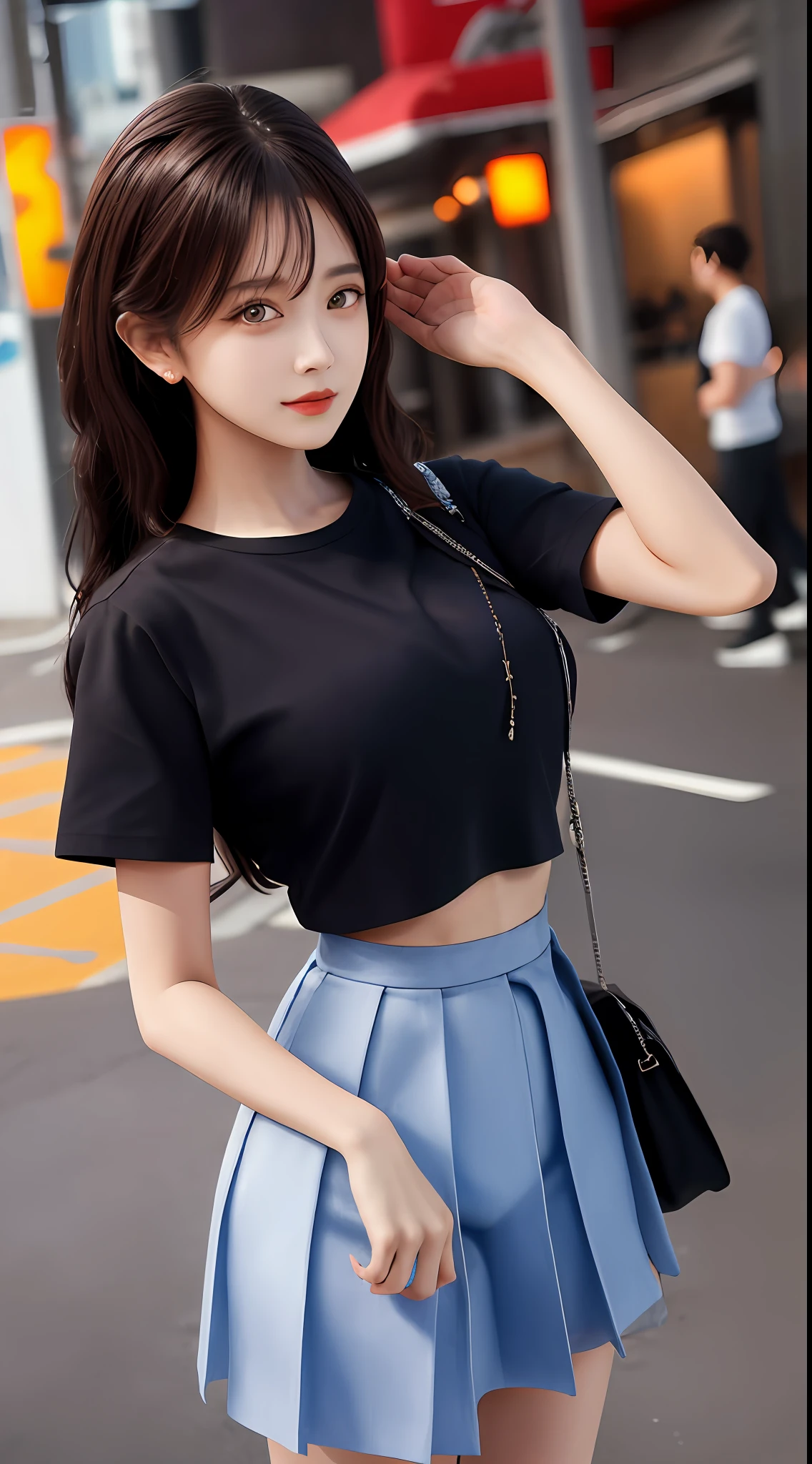 best qualtiy, tmasterpiece, 1girll, beauitful face, (photograph realistic:1.3), edge lit, (highdetailskin:1.2), 8K, Ultra HD, , high high quality, A high resolution, 4K, 8K, Bokeh, absurderes, Optimal proportions of four fingers and one thumb, (realisticlying:1.3), Cute 1girl, mediuml breasts, short skirt,short- sleeved