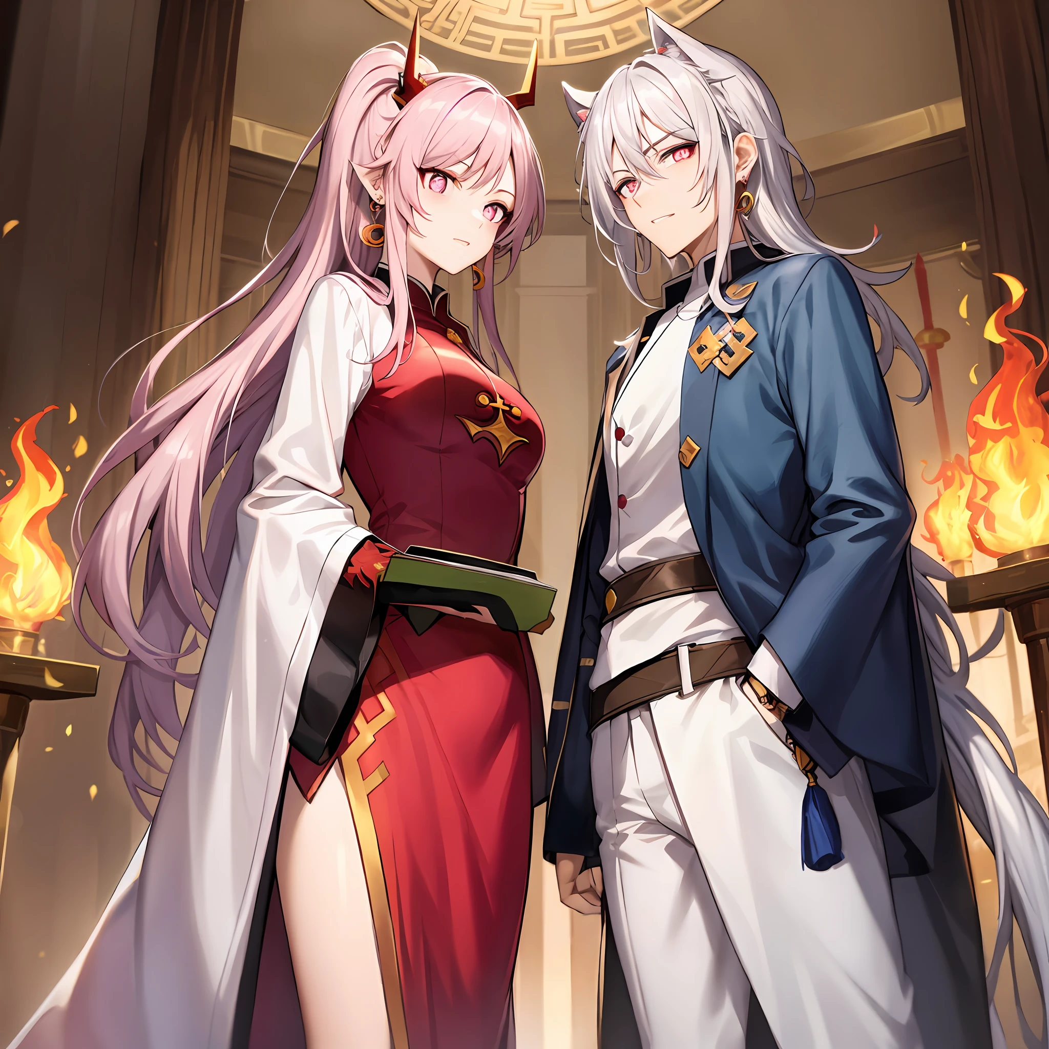 Male and female indistinguishable men,shoun,long white hair,Pink pupils,One-sided earrings,magister,quadratic element,ember