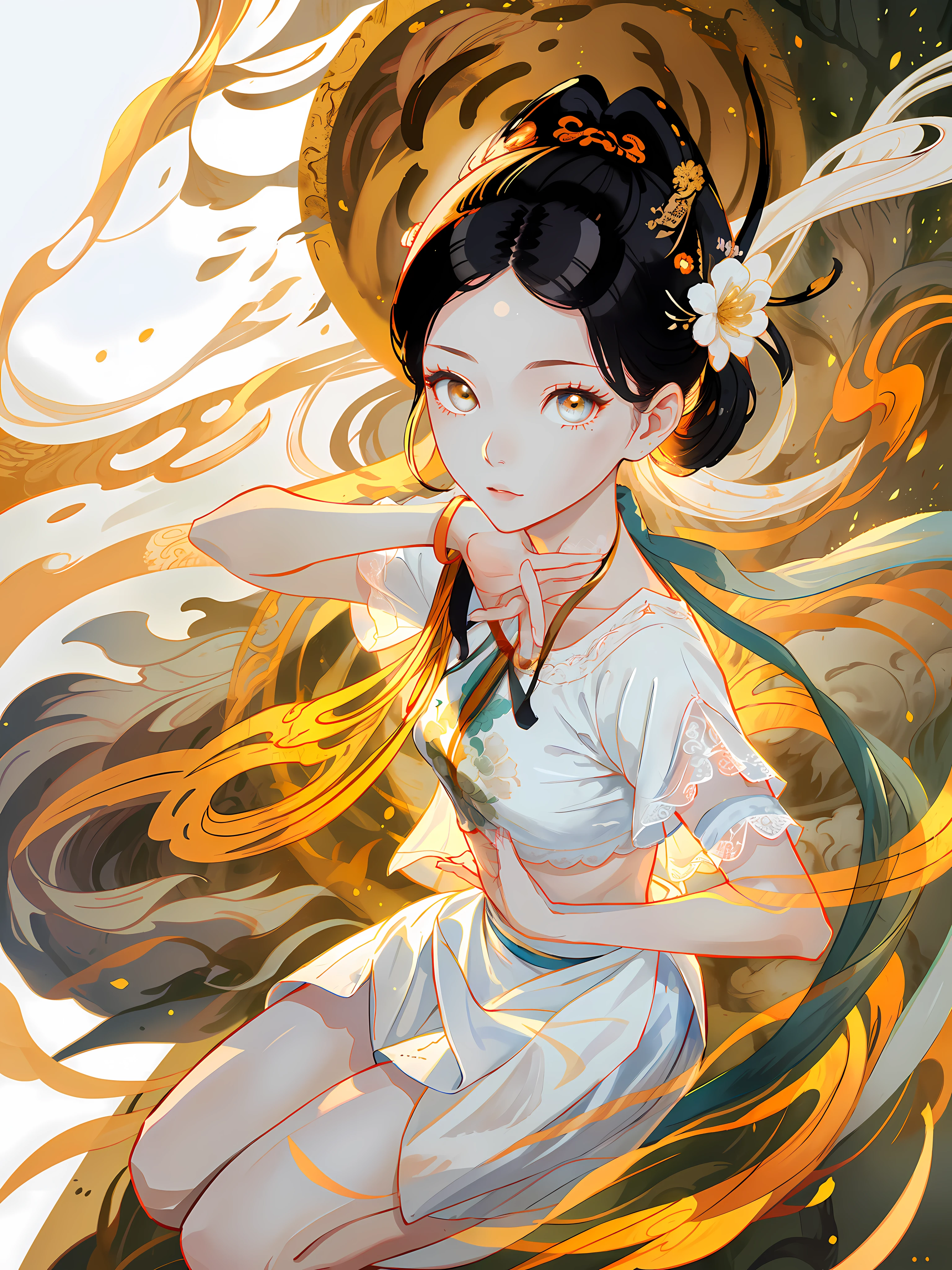 ((Dark Light, Top Quality, 8K, Masterpiece: 1.3)), (Focus: 1.2), (In Chinese, Casual Theme, Outdoor: 1.5), (Beauty & Slim Abs: 1.4), ((Layered Hairstyle)), (White Shirt: 1.6), (White Lace Short Skirt: 1.3), Highly Detailed Face and Skin Texture, Whitening Skin, (Full Body: 1.4), White Clothes, Forest, Evening