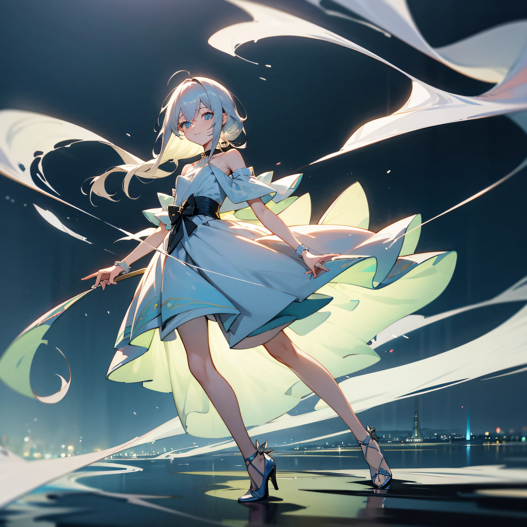 （（（animemanga girl）），Ray traching，（dim murky lights），[detailedbackground（The city at night）），（（Silvery hair）），（（Silvery hair）），（（（（（Fluffy silver hair，plump and slender girl））dishiveredhair）））The smile is bright（（（（Girl wears off-the-shoulder dress），It shows a delicate and slender figure and beautiful curves，Correct limbs，standing on your feet，Hide your hands behind your head，Wear white high heels，Tokyo at night，Cyan pick dye，nail art