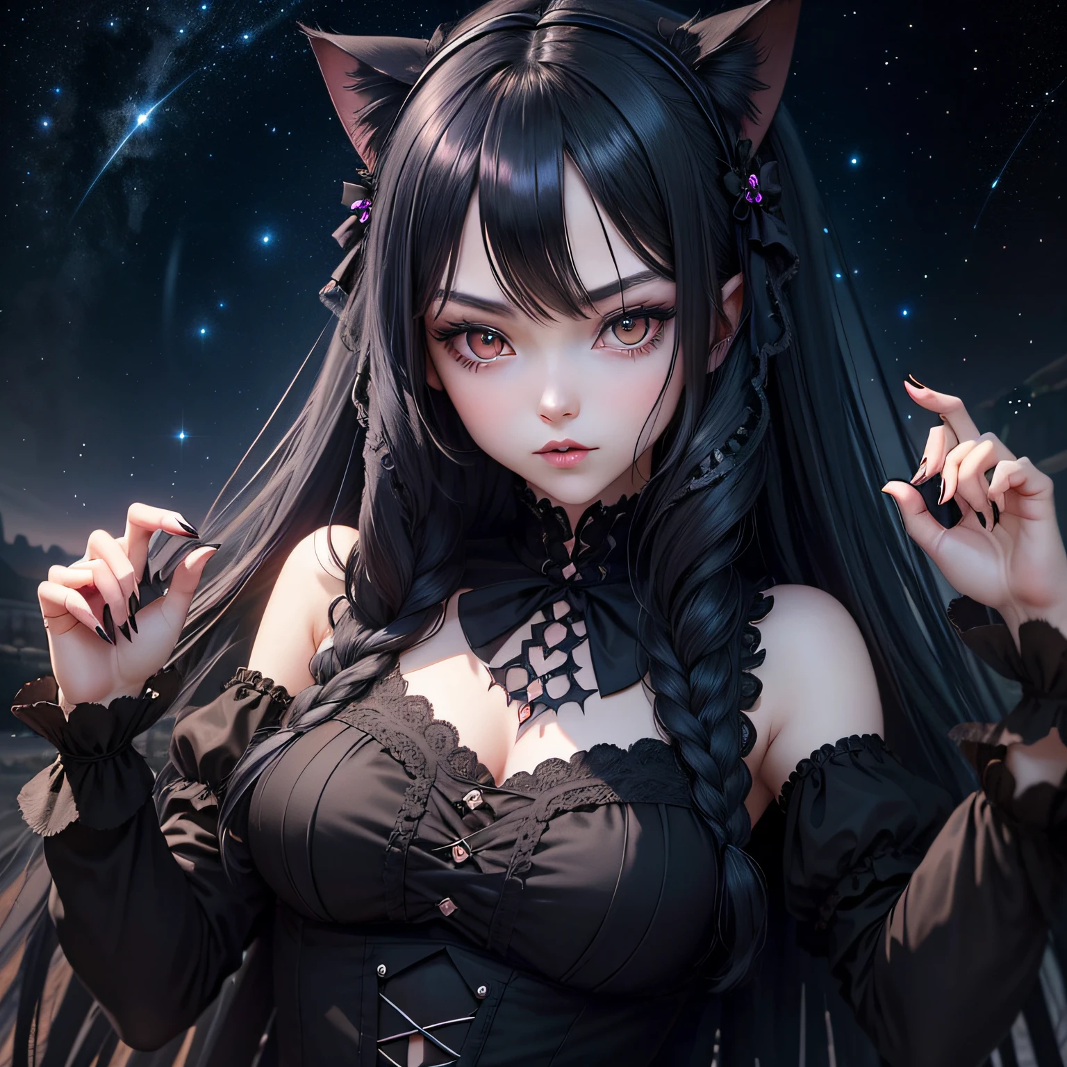 Long black hair and black clothing,Gothic shoujo anime girl sexy pose of twisting waist playing with ribbons，Romantic starlight mosaic in the night sky with modern night vision effect Close-up shots emphasize the unique temperament of gothic girl, cat-eared vampire --auto