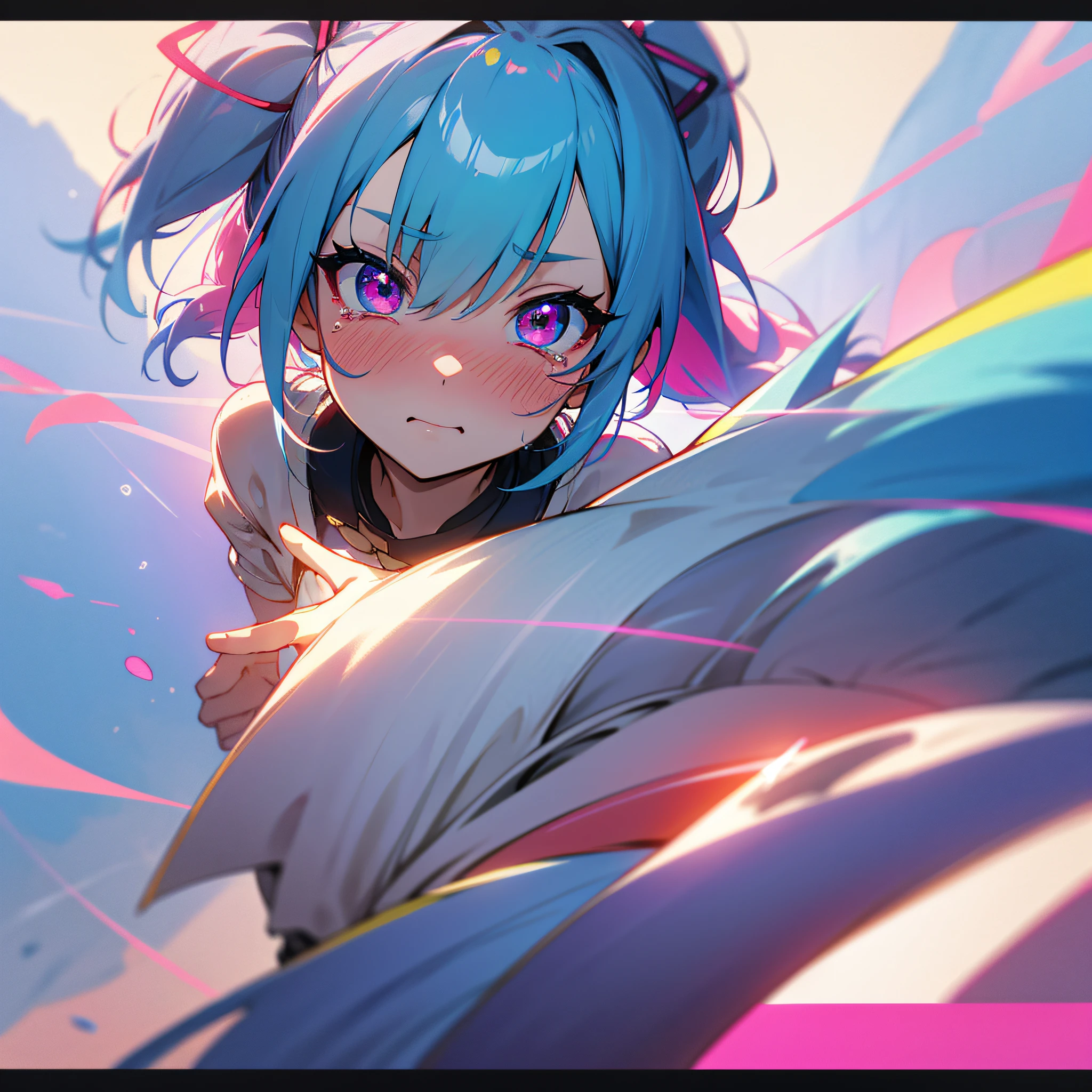 hair bobbles, longeyelashes, ear blush, hairpin, multicolored eyes, eye reflection, tears, gradient eyes, tearing up, full-face blush, nose blush, blue hair, short twintails, drop shadow, anaglyph, stereogram, tachi-e, pov, atmospheric perspective, anime style, glowing light, Canon, 8k, super detail, ccurate, best quality, 4K, award winning --auto