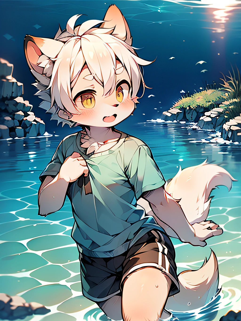 (by Dagasi: 1.1), BREAk, master masterpiece, high resolution, 8k, detailed background, high quality, BREAk, BREAk, (light blue fur, white hair, black sclera, yellow eyes, fluffy fur, detailed fur)) hairy, broken, masculine, boy, humanoid, shorts, swimming trunks, deep sea, (((under the sea, in the sea, playing in the water, swimming, diving))), solo