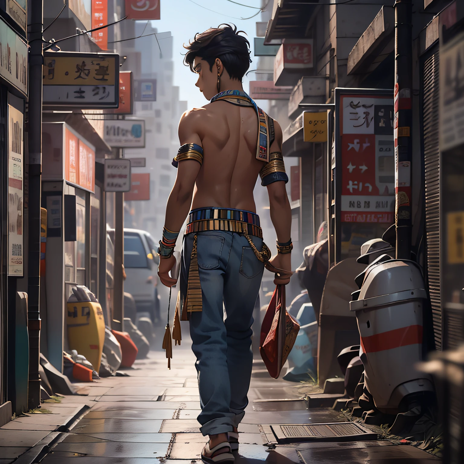 The 15-year-old boy with straight hair with his back uncovered and his chest bare but dressed in typical clothes of ancient Egypt with dark skin walking lost through the different streets of a city is noon. doferentes angulos mira la ciudad desde lo slto de una colina.